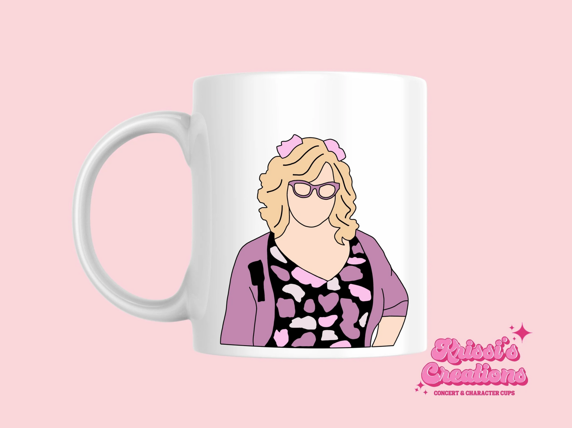 A white ceramic mug with a drawing of Penelope Garcia from Criminal Minds on the front. This is a 10oz mug which is perfect for fans of Criminal Minds, particularly the character Penelope Garcia. Made and sold by Krissi's Creations.