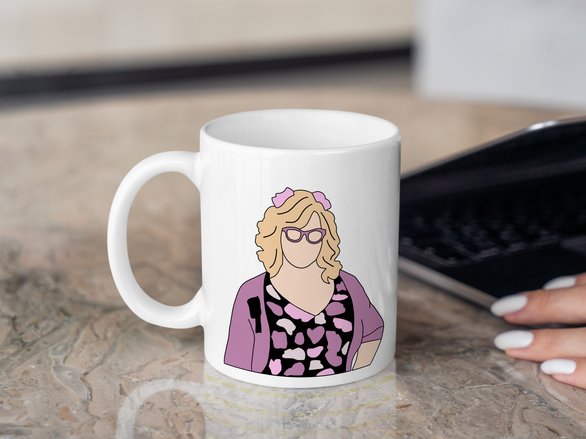 A white ceramic mug with a drawing of Penelope Garcia from Criminal Minds on the front. This is a 10oz mug which is perfect for fans of Criminal Minds, particularly the character Penelope Garcia. Made and sold by Krissi's Creations.