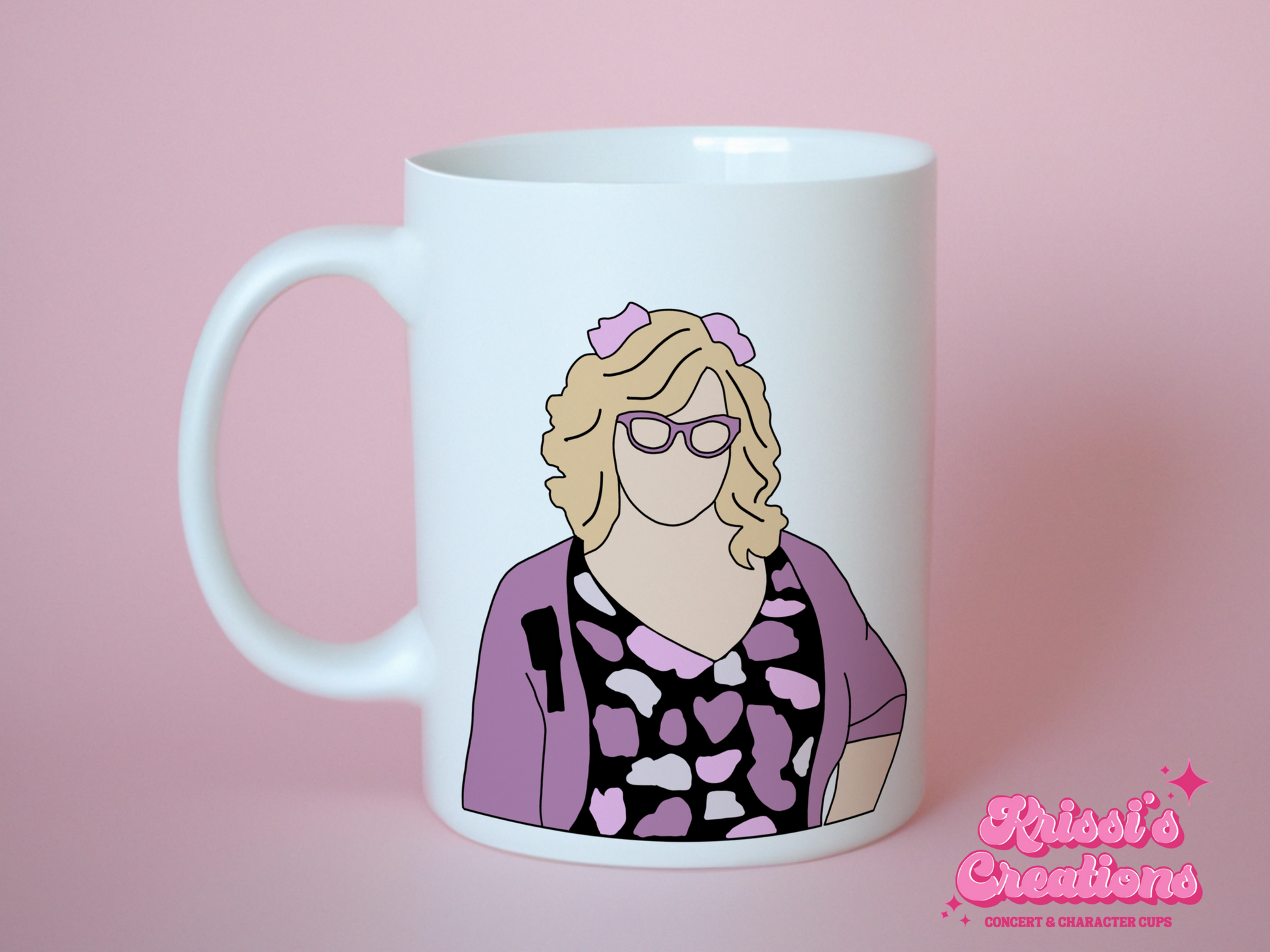 A white ceramic mug with a drawing of Penelope Garcia from Criminal Minds on the front. This is a 10oz mug which is perfect for fans of Criminal Minds, particularly the character Penelope Garcia. Made and sold by Krissi's Creations.