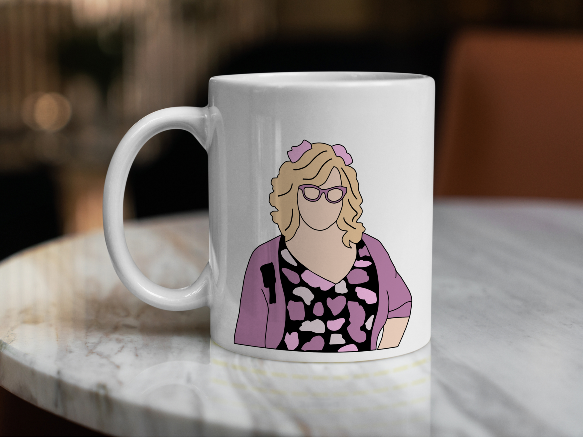 A white ceramic mug with a drawing of Penelope Garcia from Criminal Minds on the front. This is a 10oz mug which is perfect for fans of Criminal Minds, particularly the character Penelope Garcia. Made and sold by Krissi's Creations.