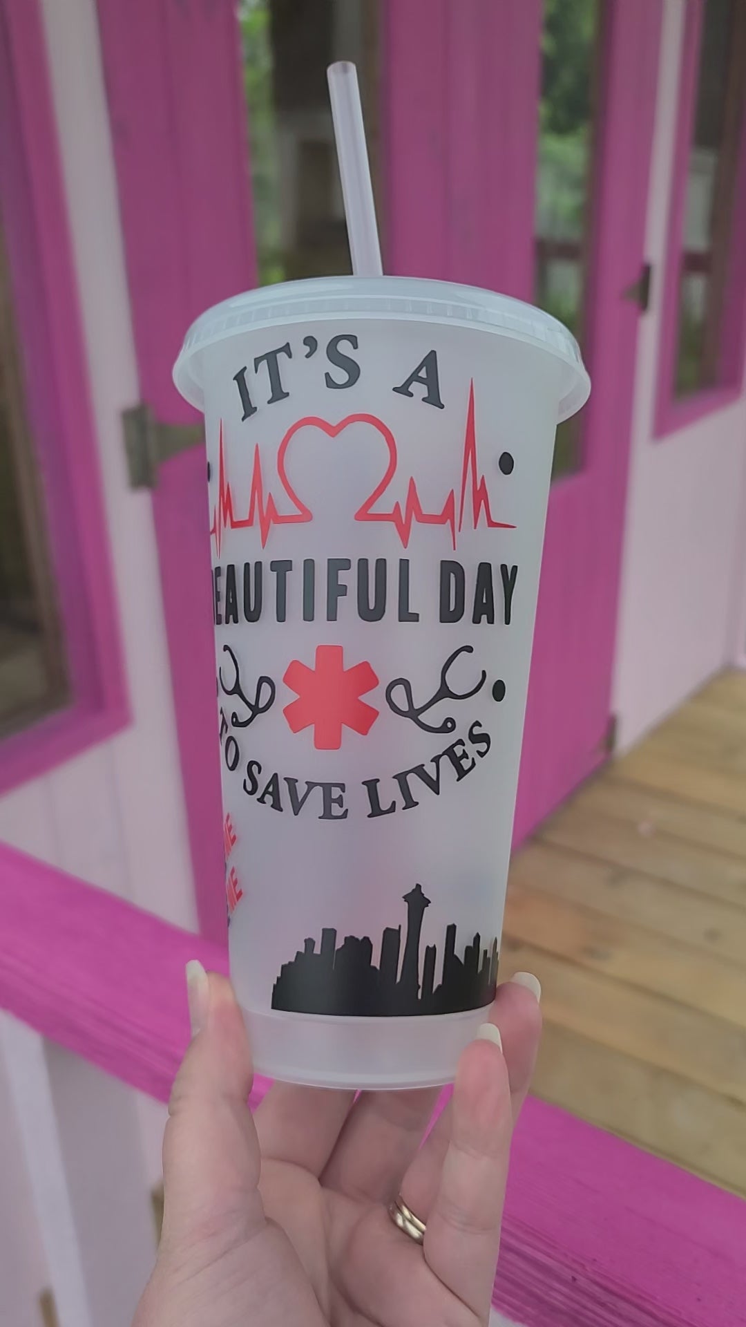 Grey's Anatomy 24oz Cold Cup / Starbucks Custom Tumbler Cup / Beautiful Day To Save Lives / Reusable Greys Anatomy Quotes Cup Straw and Lid