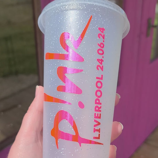 A frosted tumbler with a Pink P!nk Logo Concert Date. This is a 24oz cup which is perfect for fans of Pink. Made and sold by Krissi's Creations.