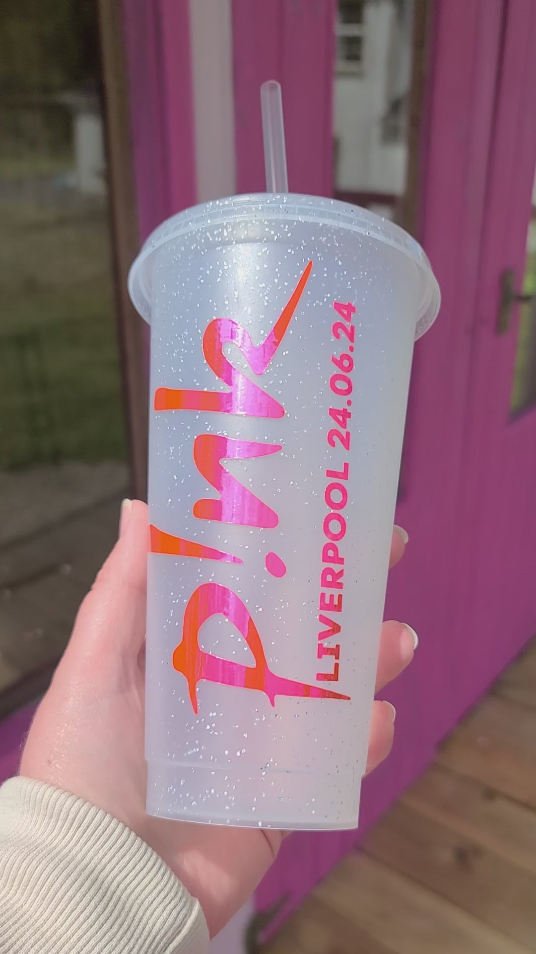 A frosted tumbler with a Pink P!nk Logo Concert Date. This is a 24oz cup which is perfect for fans of Pink. Made and sold by Krissi's Creations.