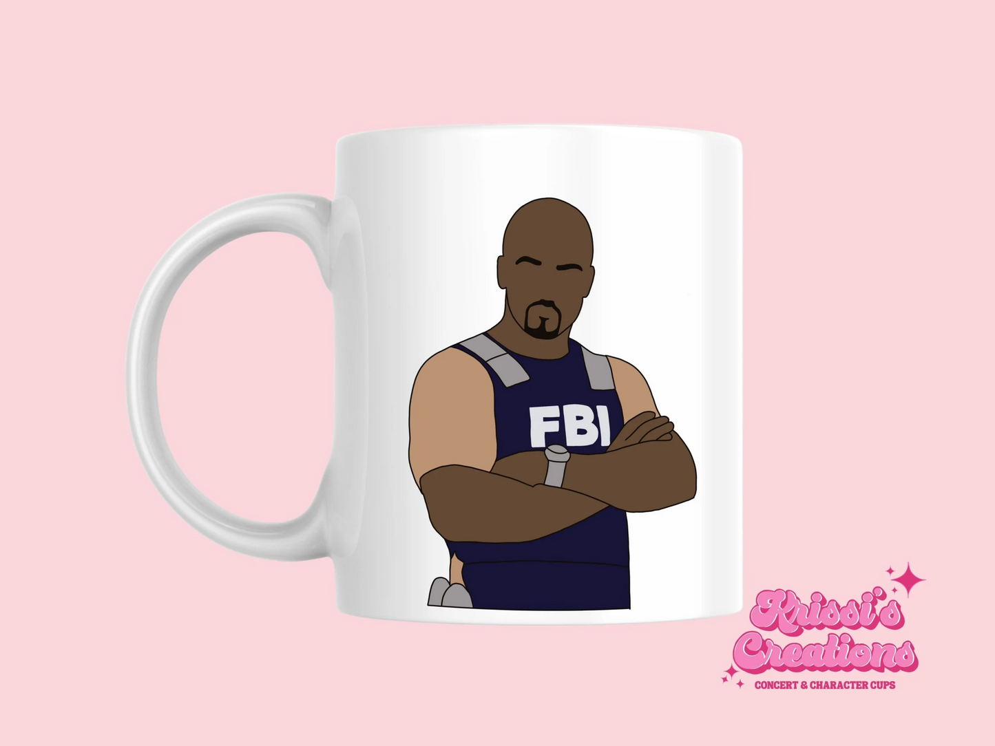 A white ceramic mug with a drawing of Derek Morgan from Criminal Minds on the front. This is a 10oz mug which is perfect for fans of Criminal Minds, particularly the character Derek Morgan. Made and sold by Krissi's Creations.