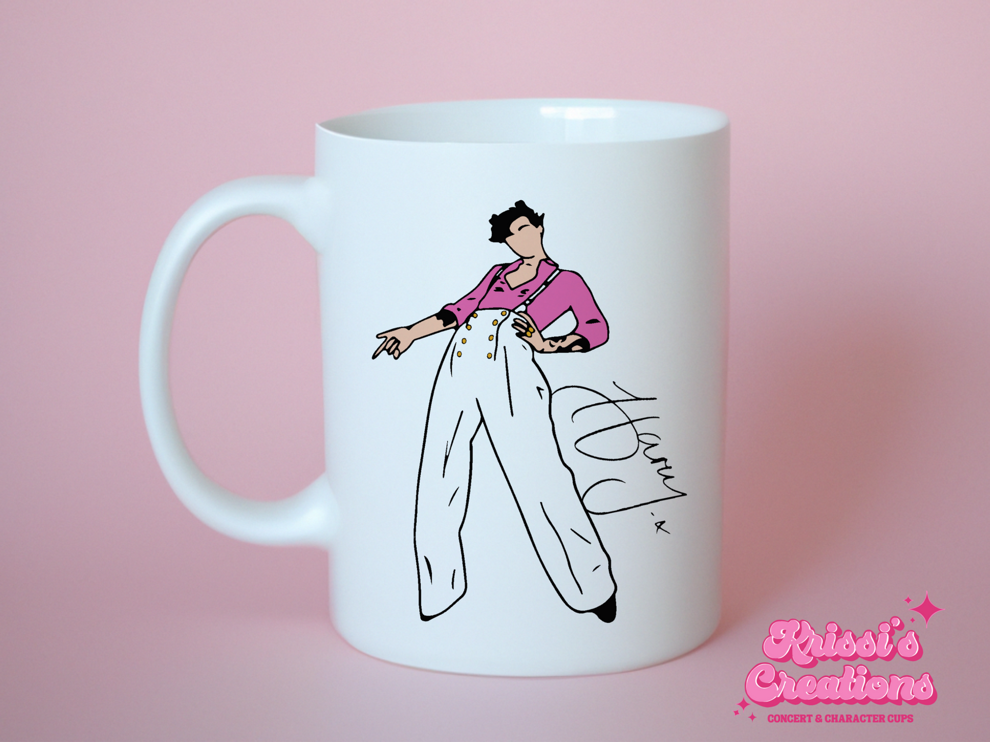 A white ceramic mug with a drawing of Harry Styles Watermelon Sugar Hqrrys House Outfit on the front. This is a 10oz mug which is perfect for fans of Harry Styles Love on Tour Concert. Made and sold by Krissi's Creations.