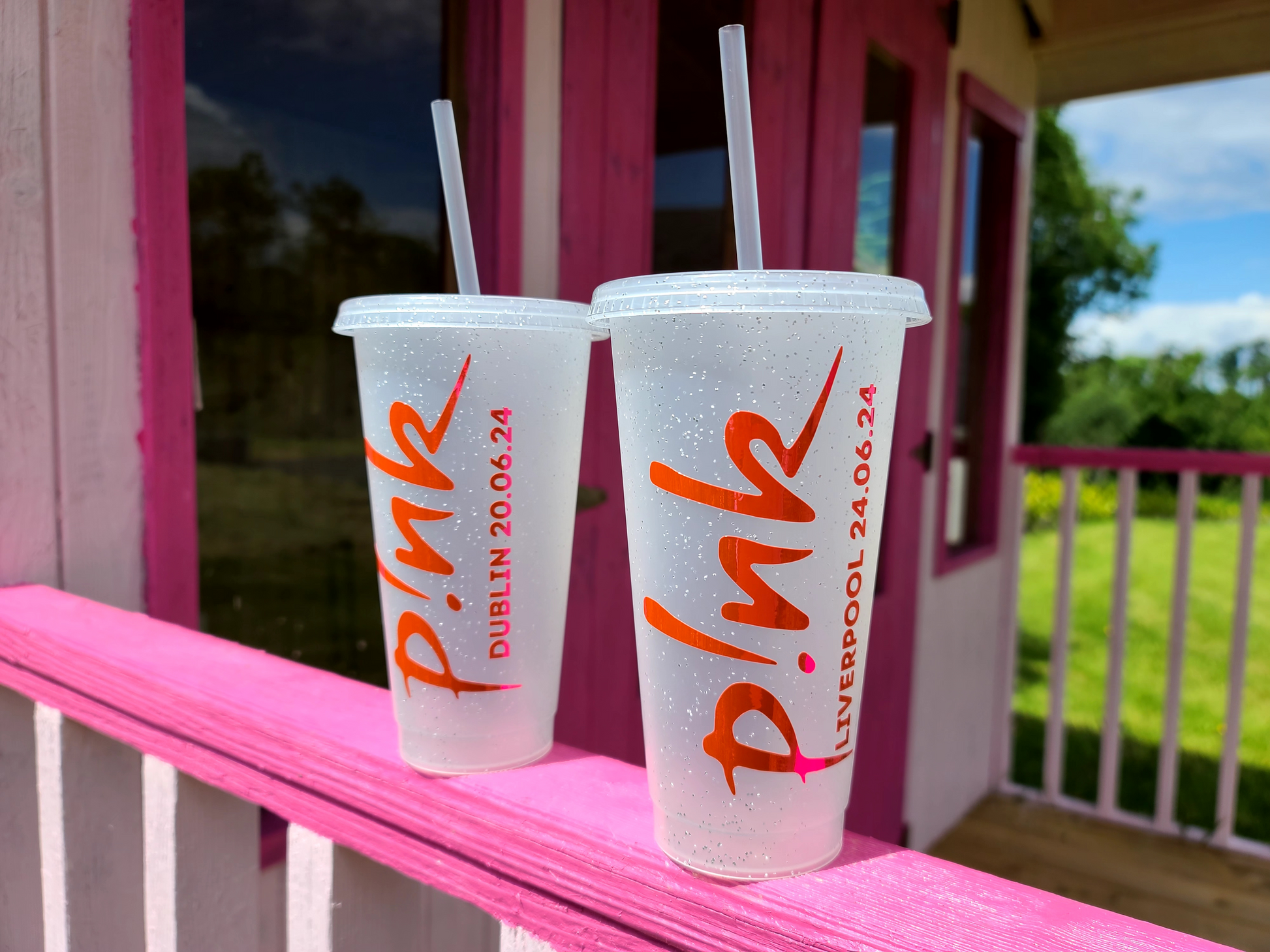 A frosted tumbler with a Pink P!nk Logo Concert Date. This is a 24oz cup which is perfect for fans of Pink. Made and sold by Krissi's Creations.