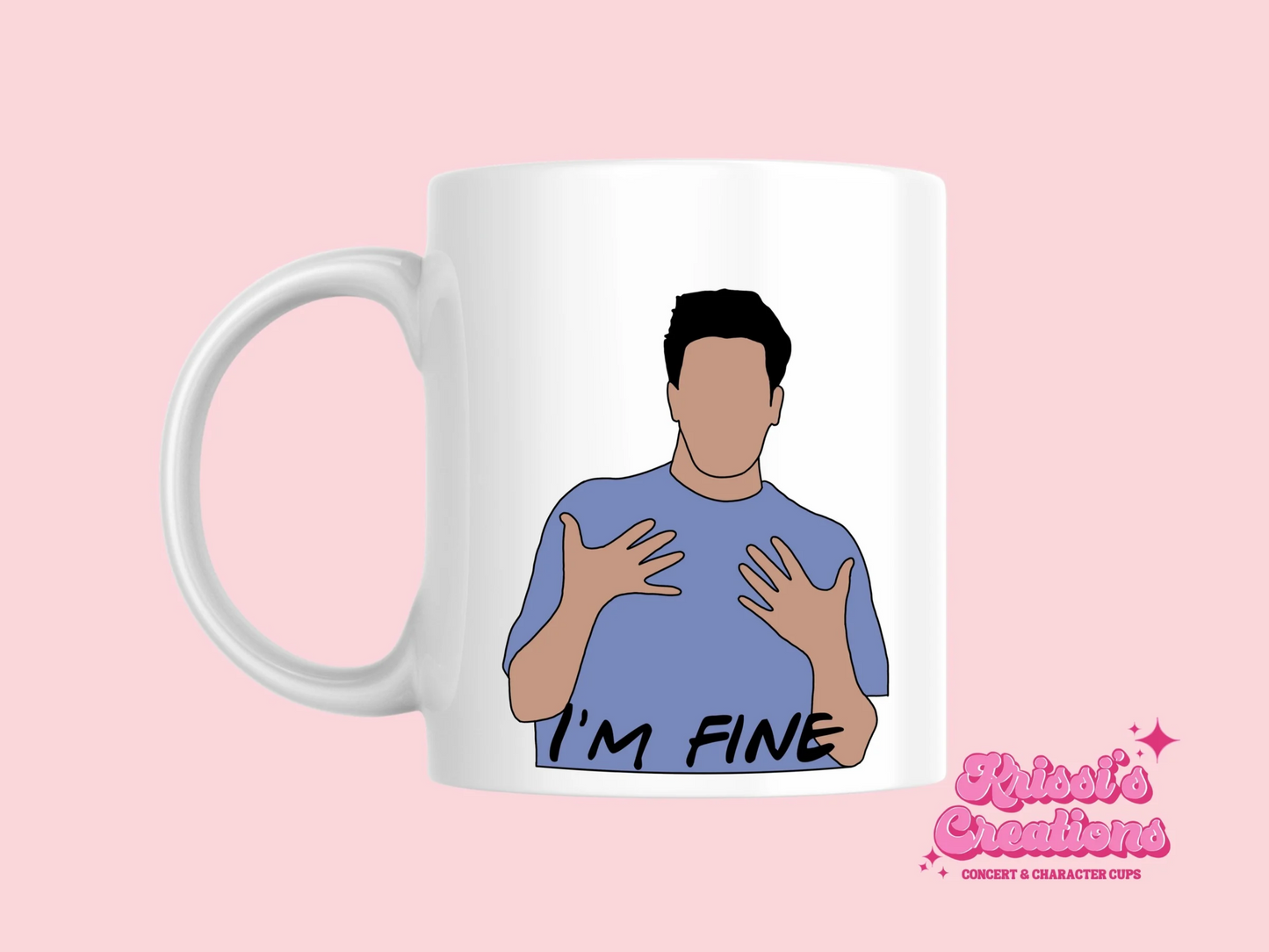 A white ceramic mug with a drawing of Ross Gellar from Friends on the front. This is a 10oz mug which is perfect for fans of Friends, particularly the character Ross. Made and sold by Krissi's Creations.