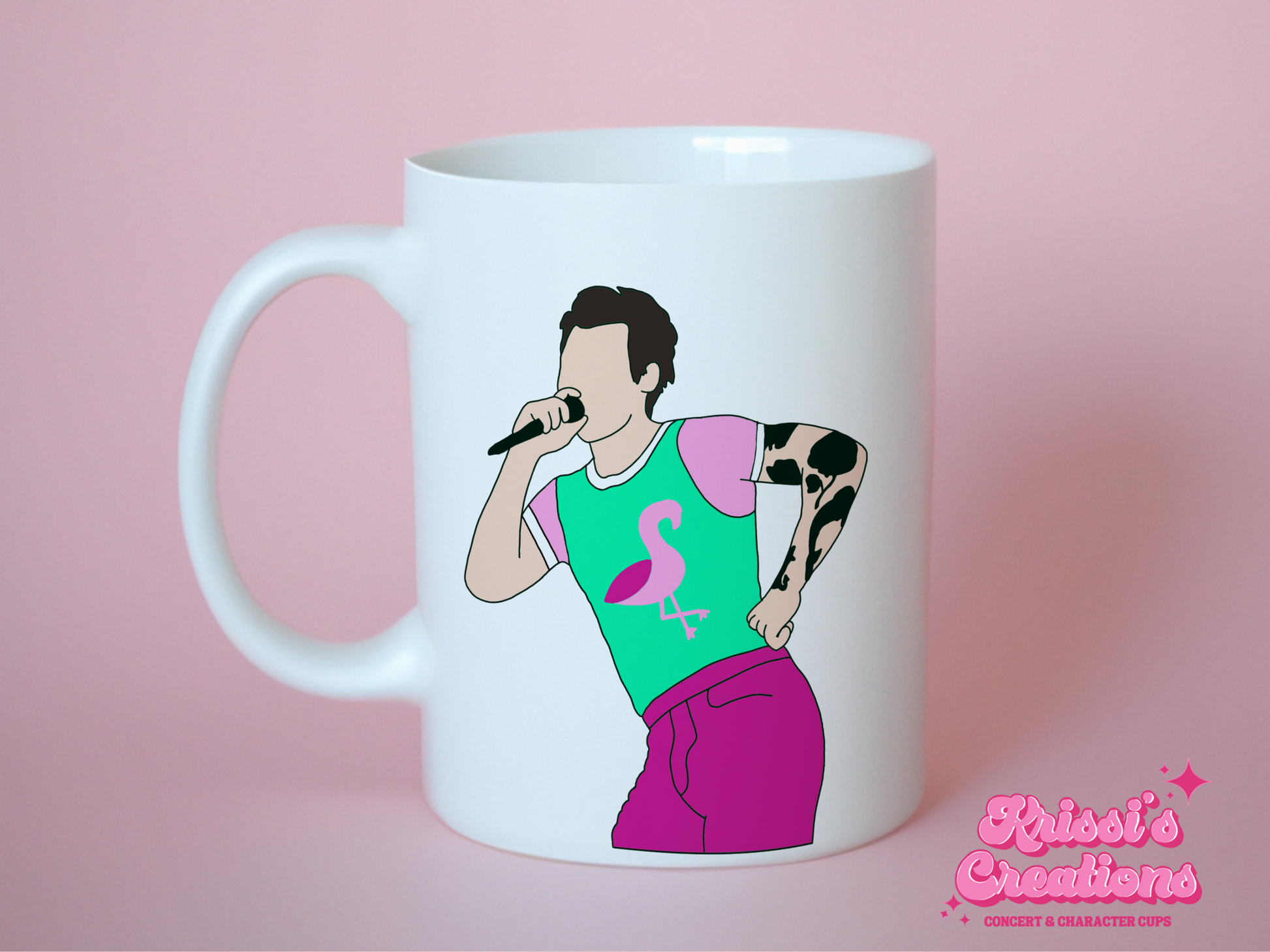 A white ceramic mug with a drawing of Harry Styles Cardiff Night 2 Outfit on the front. This is a 10oz mug which is perfect for fans of Harry Styles Love on Tour Concert. Made and sold by Krissi's Creations.