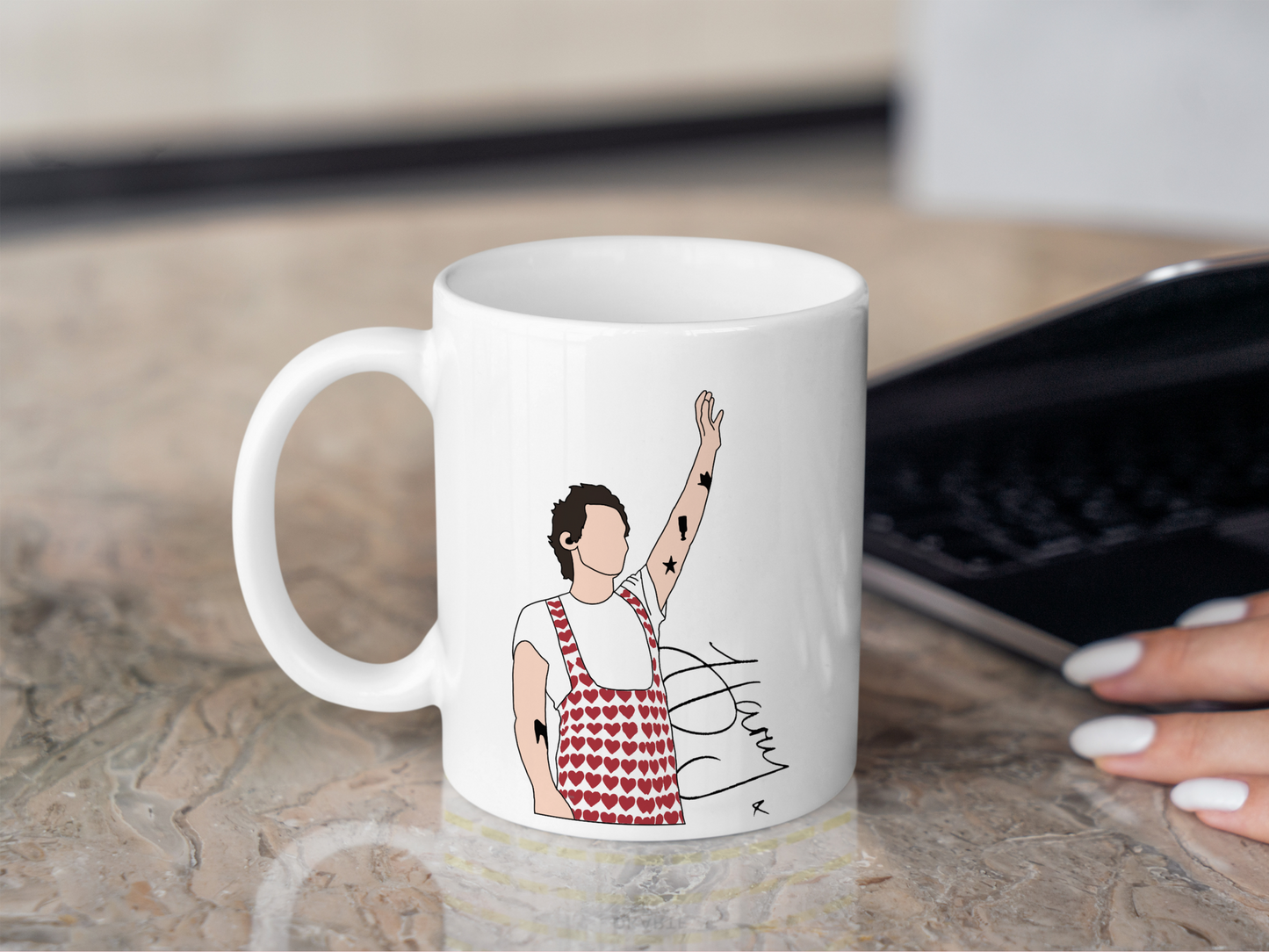 A white ceramic mug with a drawing of Harry Styles Wembley Love On Tour Outfit on the front. This is a 10oz mug which is perfect for fans of Harry Styles Love on Tour Concert. Made and sold by Krissi's Creations.