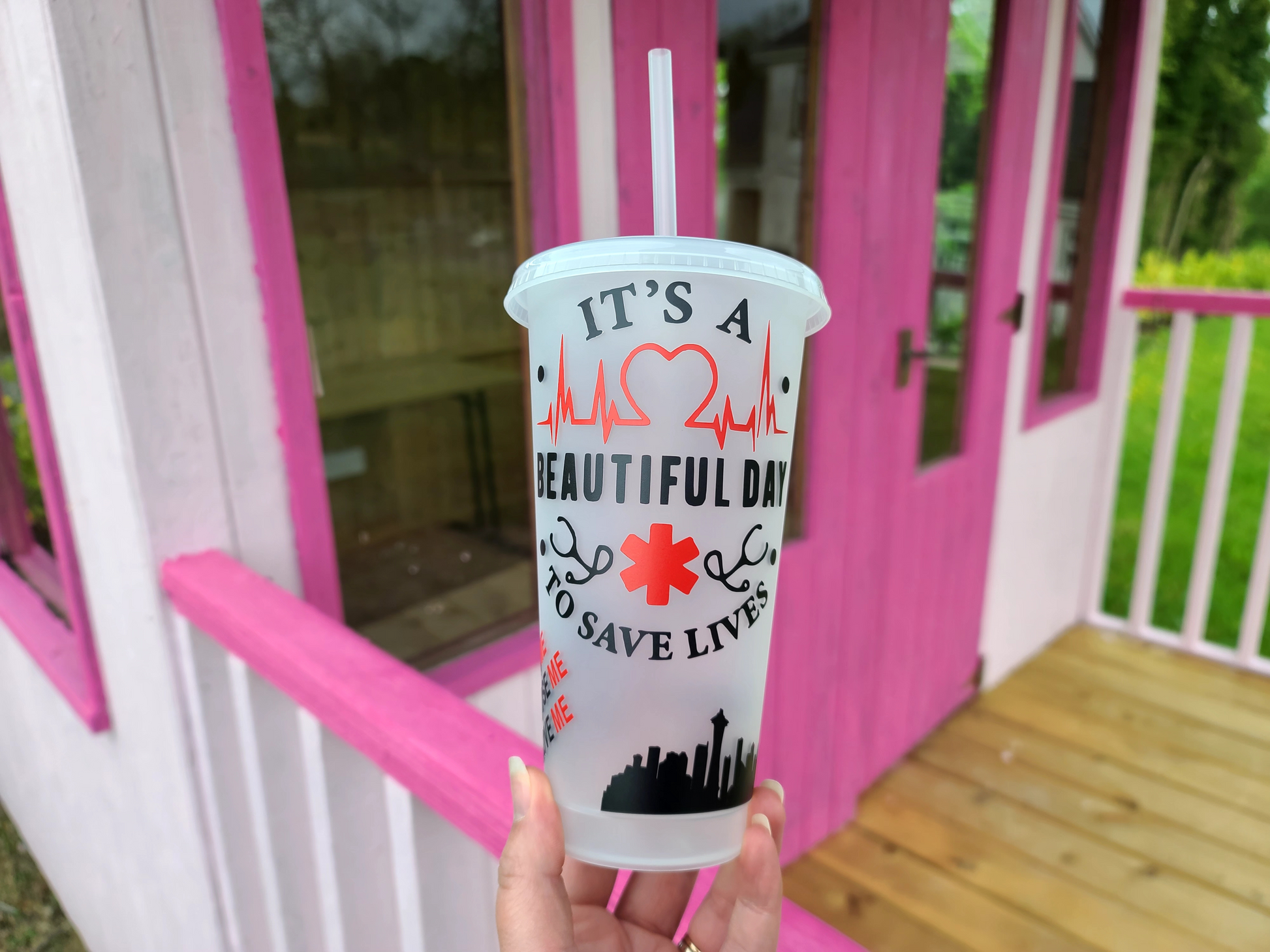 Grey's Anatomy 24oz Cold Cup / Starbucks Custom Tumbler Cup / Beautiful Day To Save Lives / Reusable Greys Anatomy Quotes Cup Straw and Lid