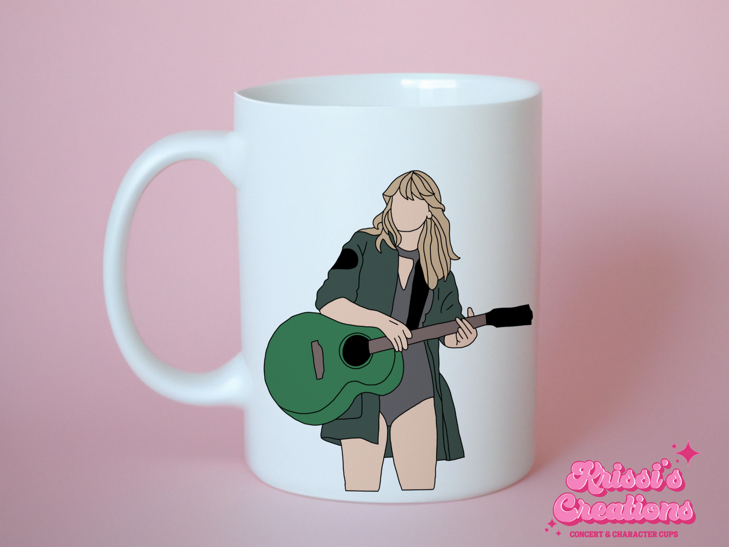 A white ceramic mug with a drawing of Taylor Swift from her Reputation Era on the front. This is a 10oz mug which is perfect for fans of Era's Tour, particularly the Reputation Album. Made and sold by Krissi's Creations.