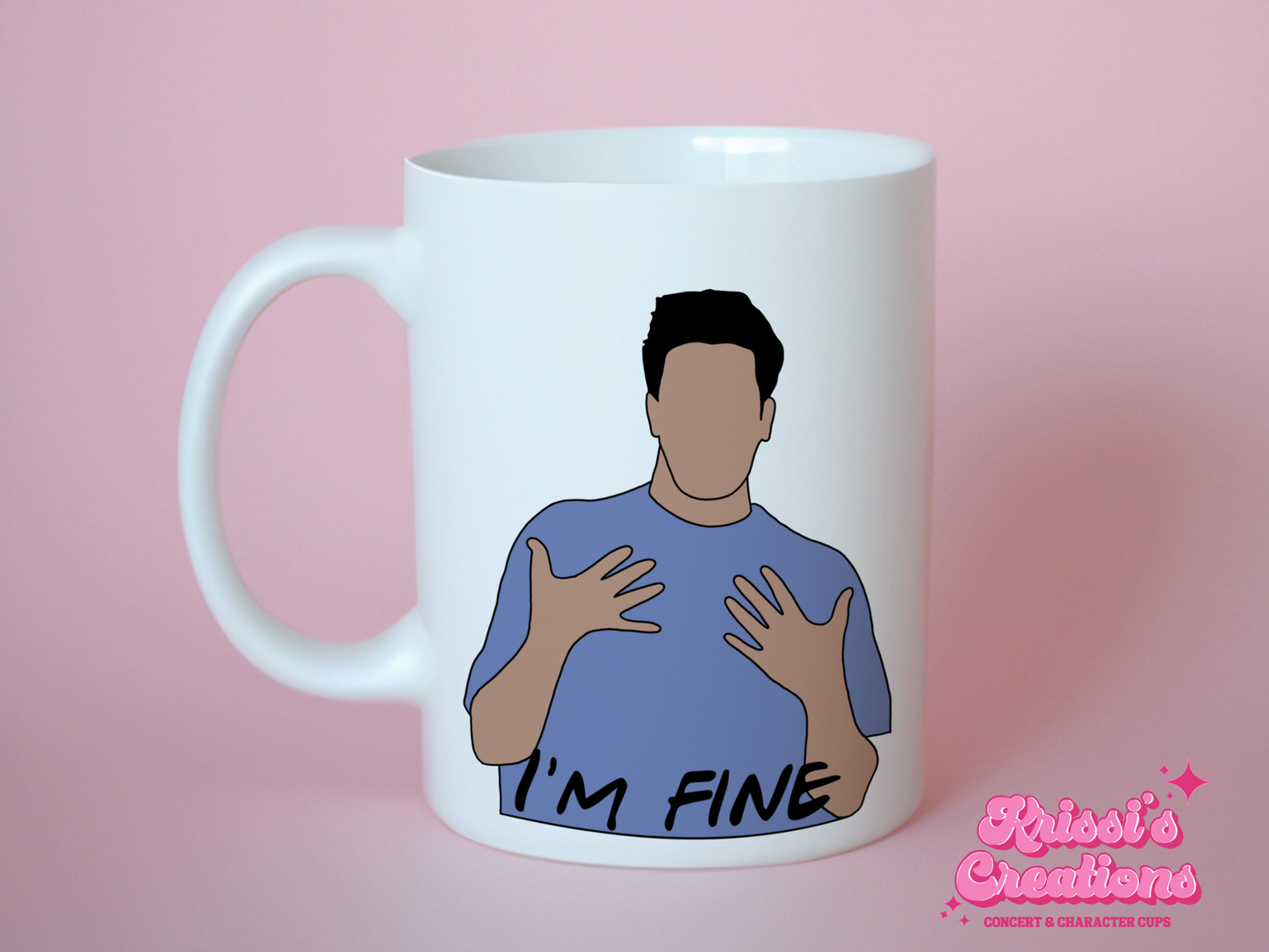 A white ceramic mug with a drawing of Ross Gellar from Friends on the front. This is a 10oz mug which is perfect for fans of Friends, particularly the character Ross. Made and sold by Krissi's Creations.