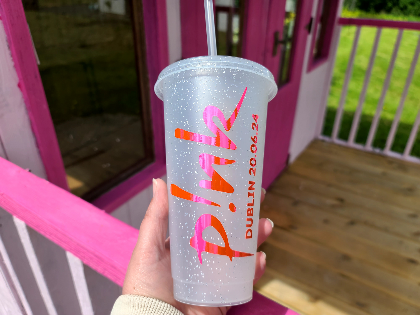 A frosted tumbler with a Pink P!nk Logo Concert Date. This is a 24oz cup which is perfect for fans of Pink. Made and sold by Krissi's Creations.