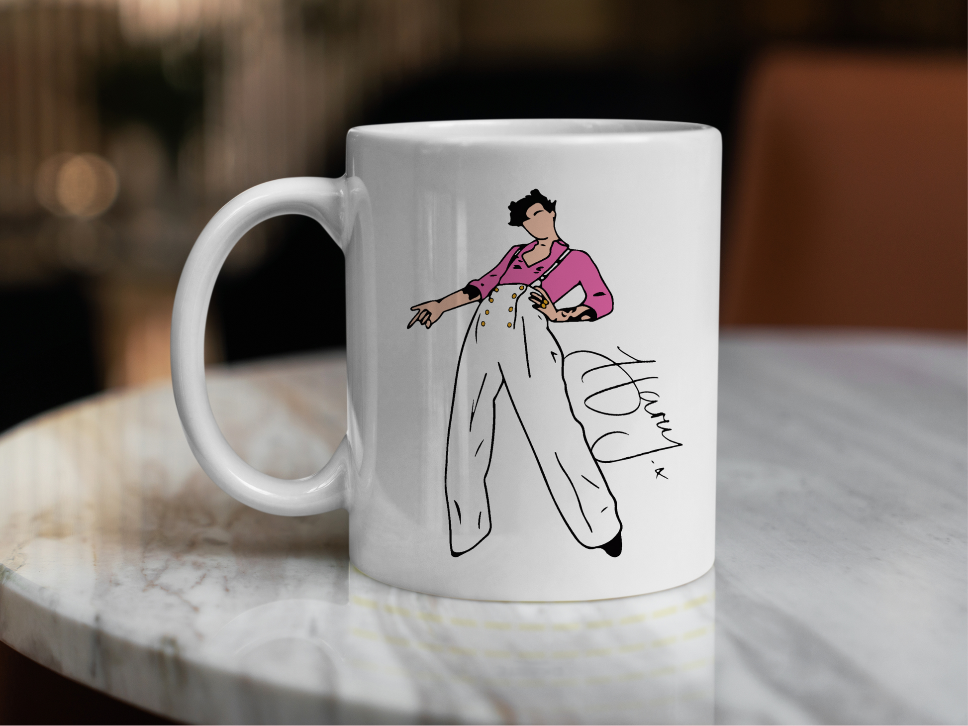 A white ceramic mug with a drawing of Harry Styles Watermelon Sugar Hqrrys House Outfit on the front. This is a 10oz mug which is perfect for fans of Harry Styles Love on Tour Concert. Made and sold by Krissi's Creations.