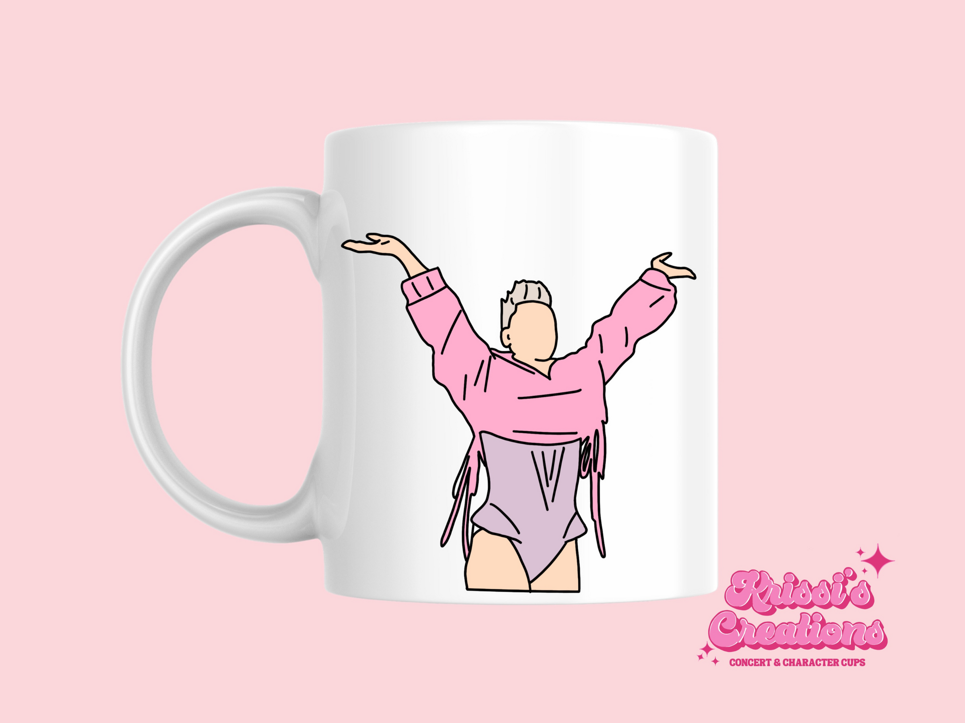 A white ceramic mug with a drawing of P!NK from her Summer Carnival 2024 on the front. This is a 10oz mug which is perfect for fans of Pink, particularly the Concert. Made and sold by Krissi's Creations.