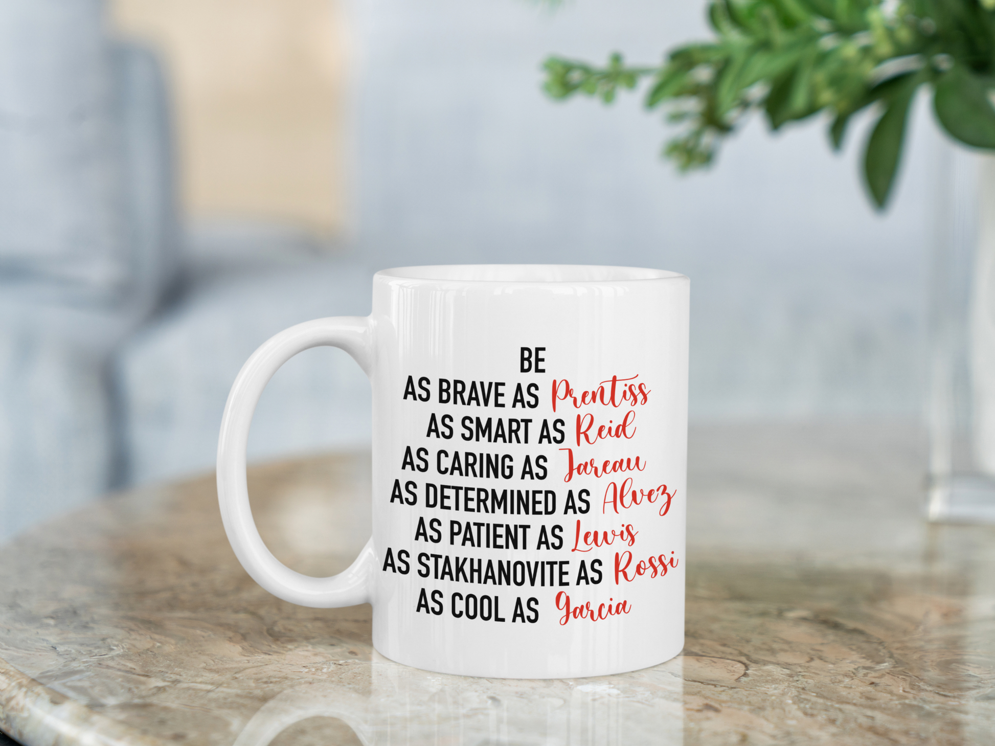 A white ceramic mug with the text about the Characters on Criminal Minds on the front. This is a 10oz mug which is perfect for fans of the series Criminal Minds. Made and sold by Krissi's Creations. 
Prentiss, Reid, Jareau, Alvez, Lewis, Rossi, Garcia.