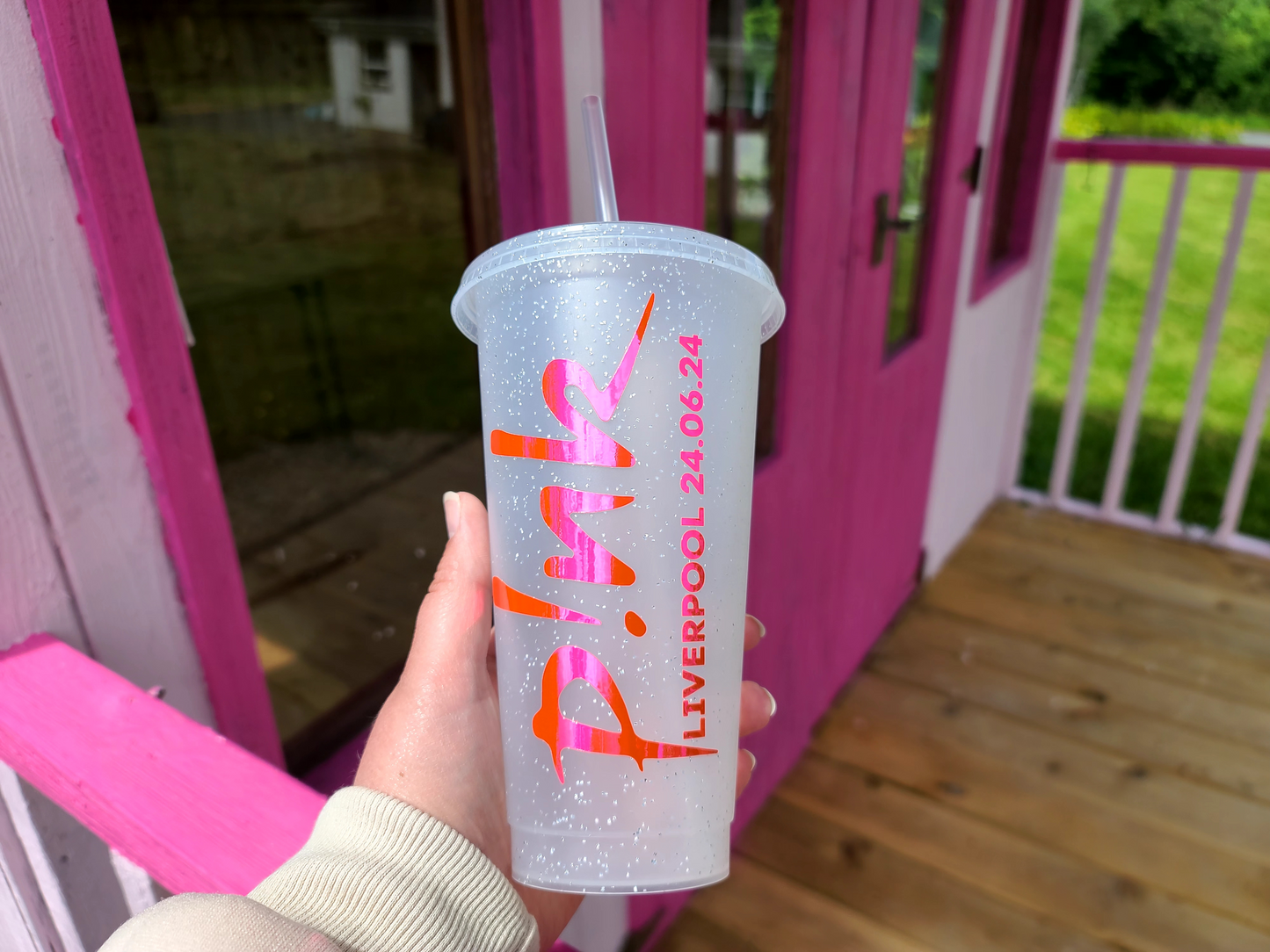 A frosted tumbler with a Pink P!nk Logo Concert Date. This is a 24oz cup which is perfect for fans of Pink. Made and sold by Krissi's Creations.