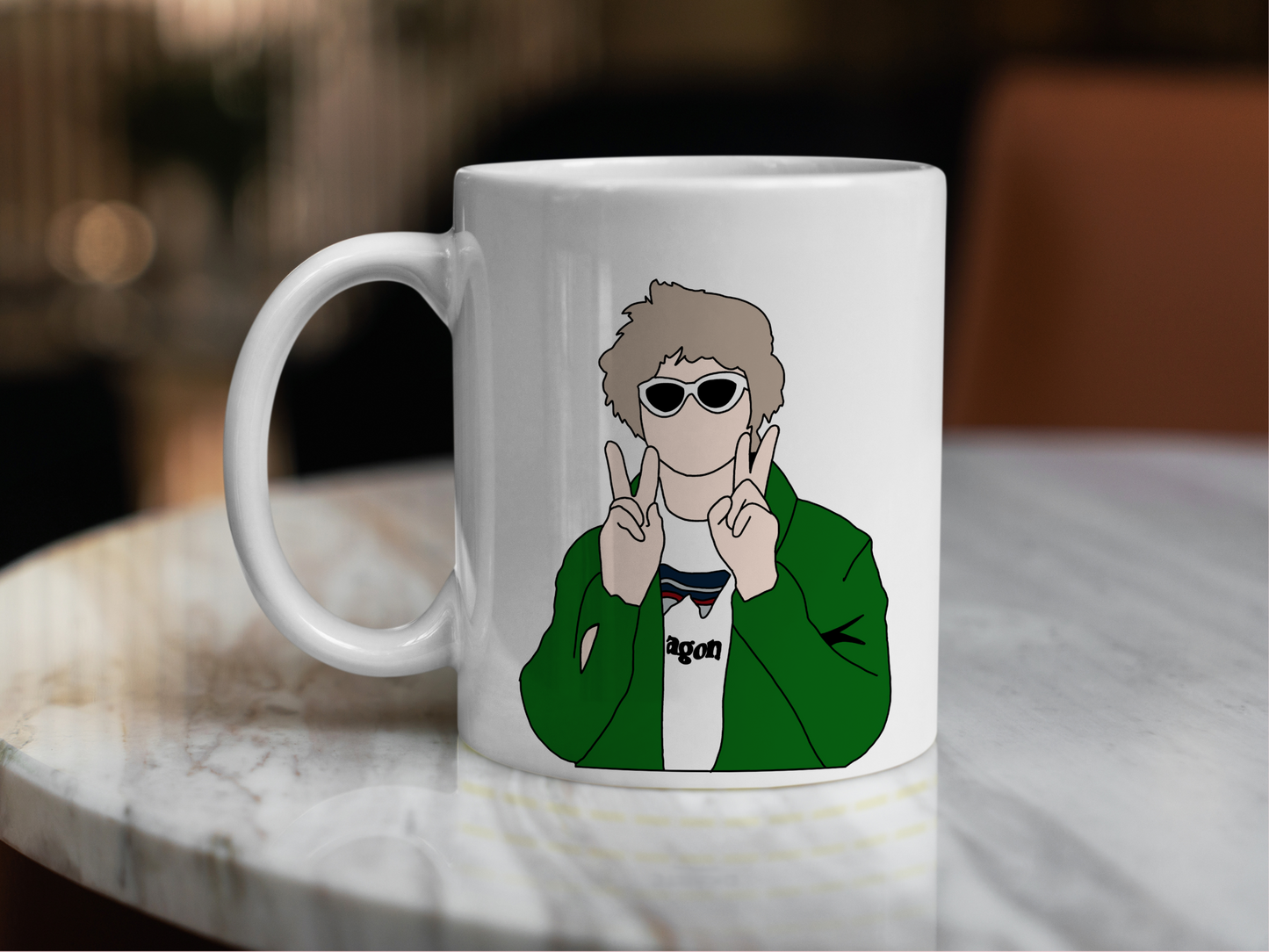 A white ceramic mug with a drawing of Lewis Capaldi on the front. This is a 10oz mug which is perfect for fans of Lewis Capaldi Concerts. Made and sold by Krissi's Creations.