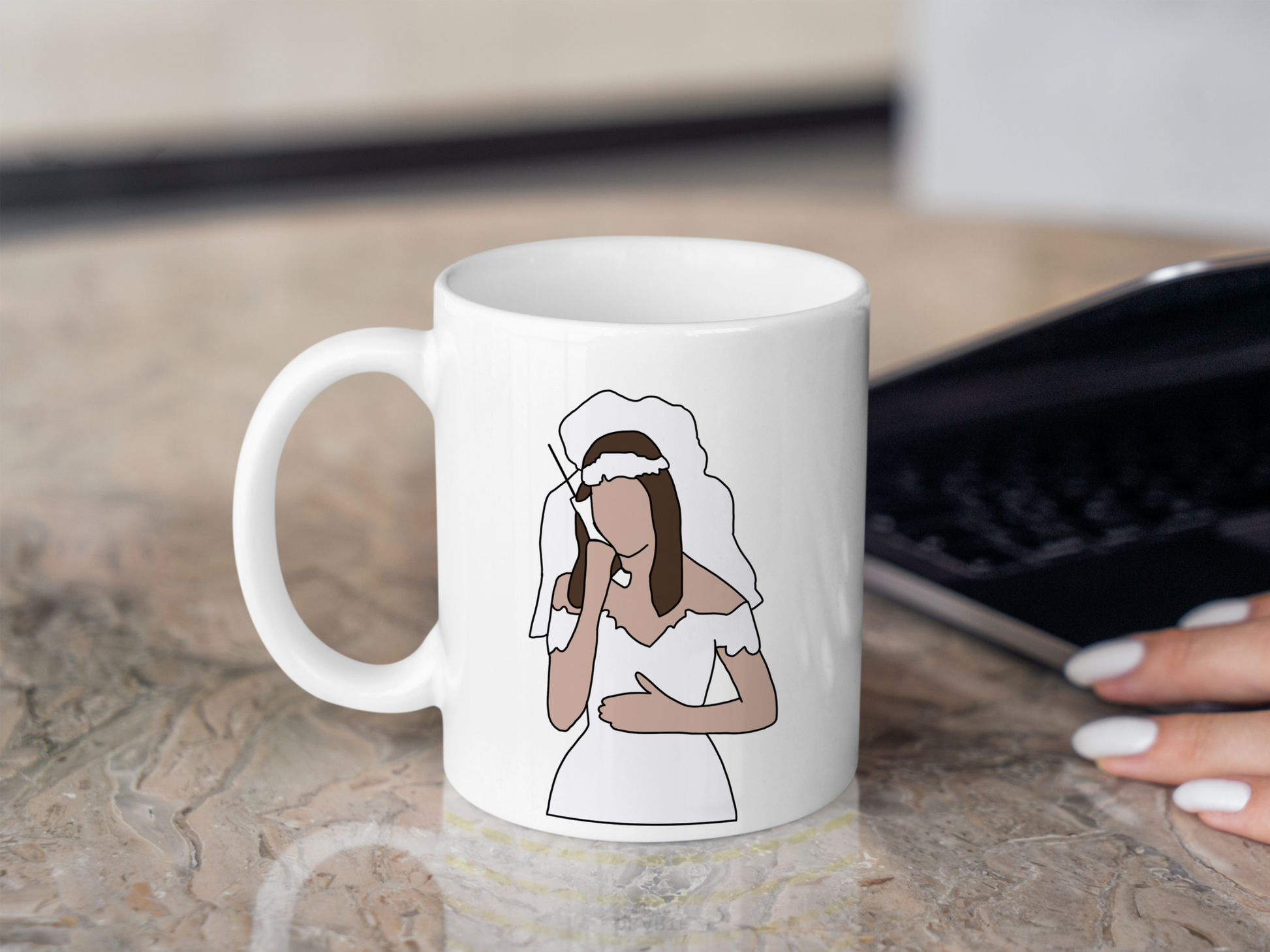 A white ceramic mug with a drawing of Rachel Green from Friends on the front. This is a 10oz mug which is perfect for fans of Friends, particularly the character Rachel. Made and sold by Krissi's Creations.