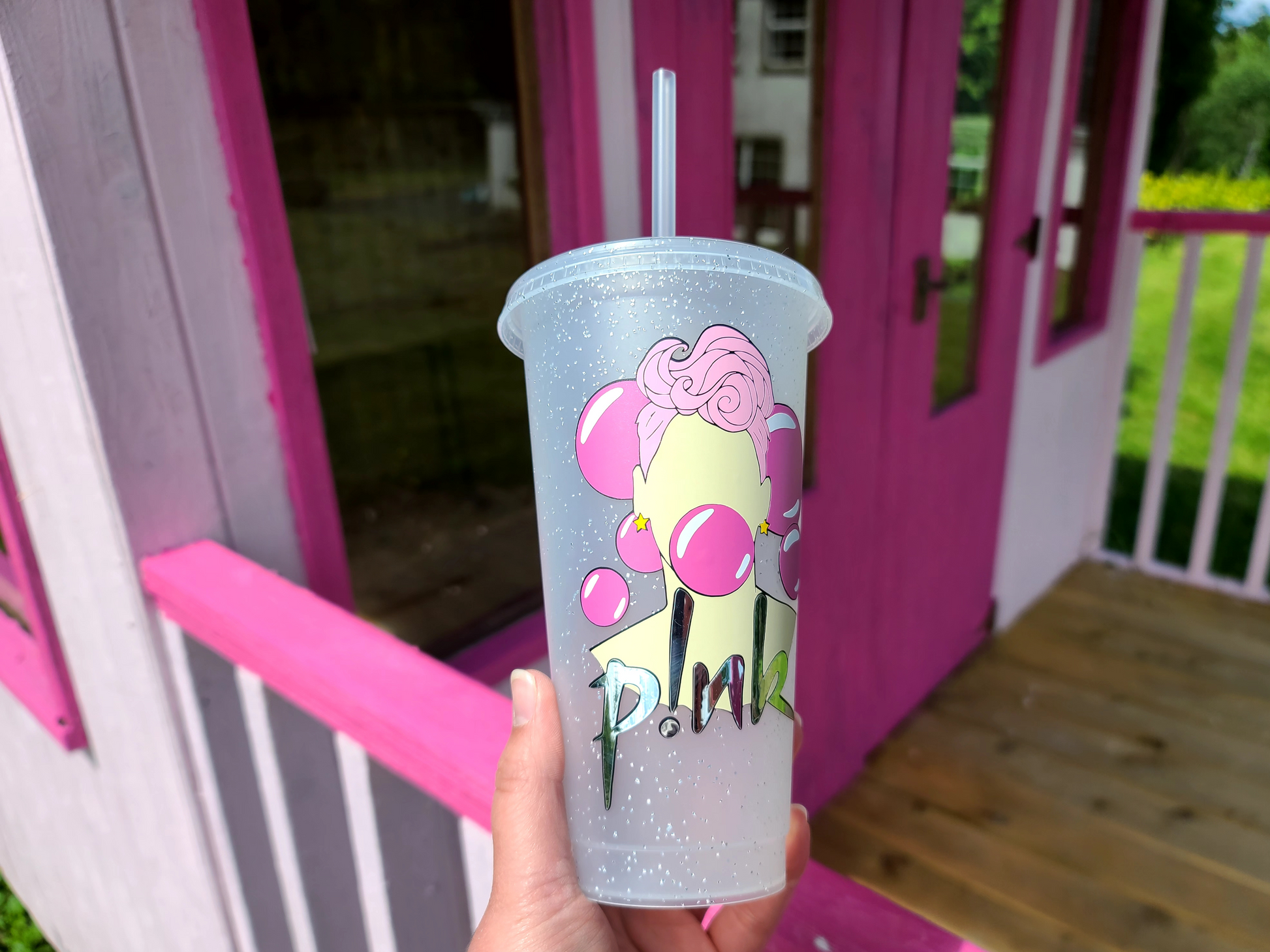 A frosted tumbler with a drawing of Pink P!nk. This is a 24oz cup which is perfect for fans of Pink. Made and sold by Krissi's Creations.
