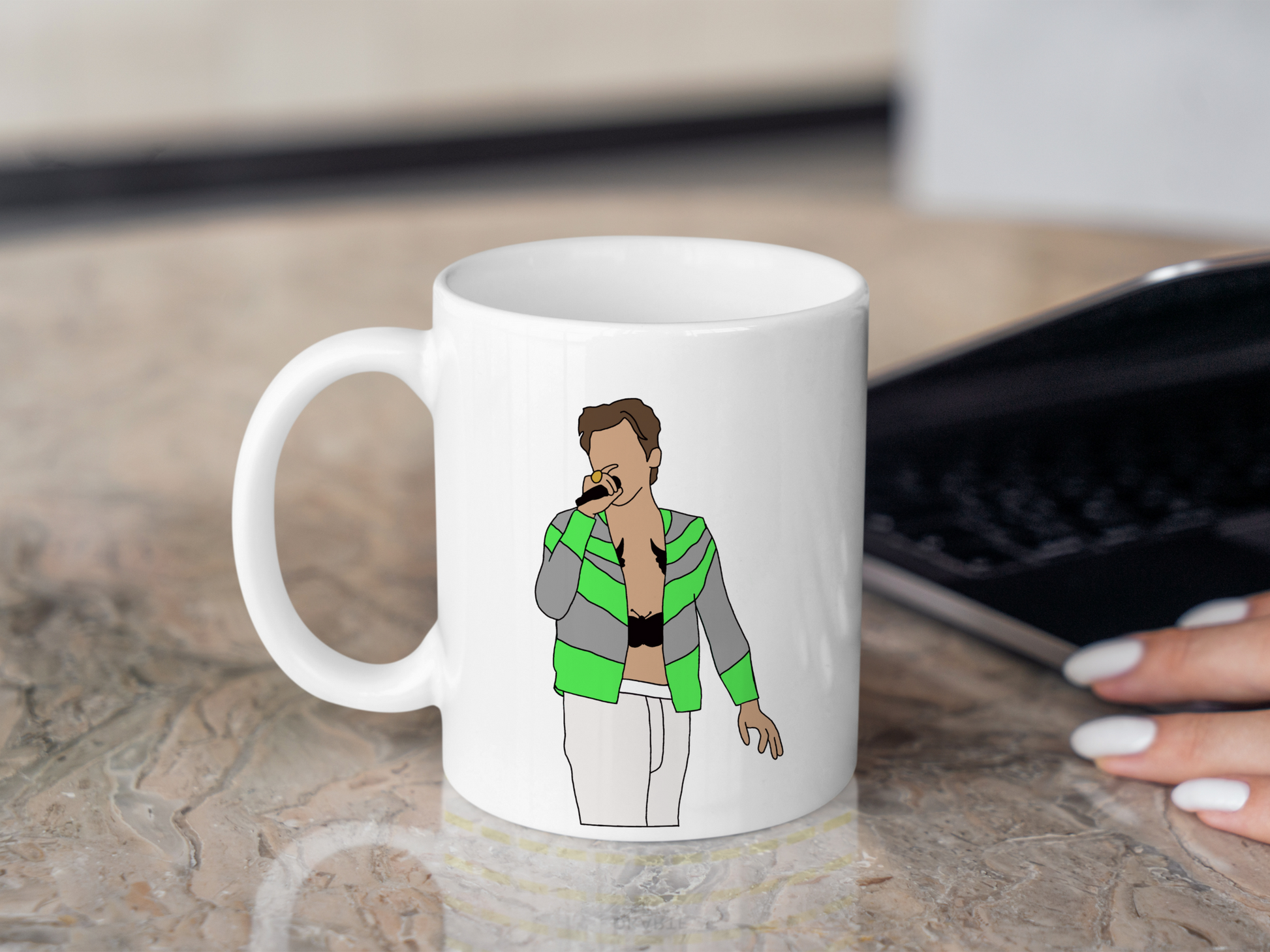 A white ceramic mug with a drawing of Harry Styles Slane Love On Tour Outfit on the front. This is a 10oz mug which is perfect for fans of Harry Styles Love on Tour Concert. Made and sold by Krissi's Creations.