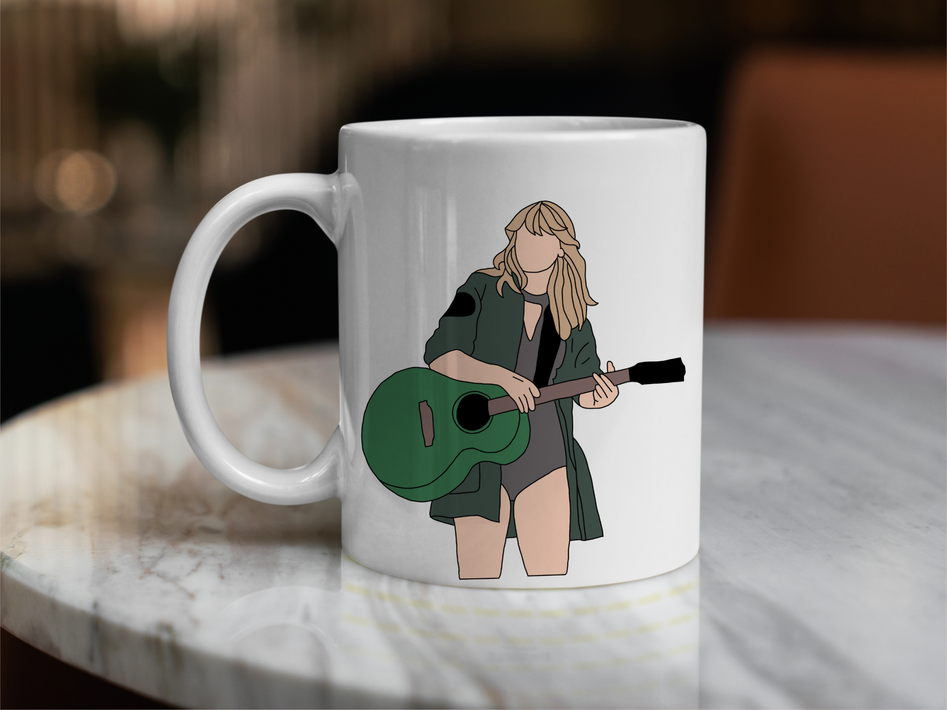 A white ceramic mug with a drawing of Taylor Swift from her Reputation Era on the front. This is a 10oz mug which is perfect for fans of Era's Tour, particularly the Reputation Album. Made and sold by Krissi's Creations.