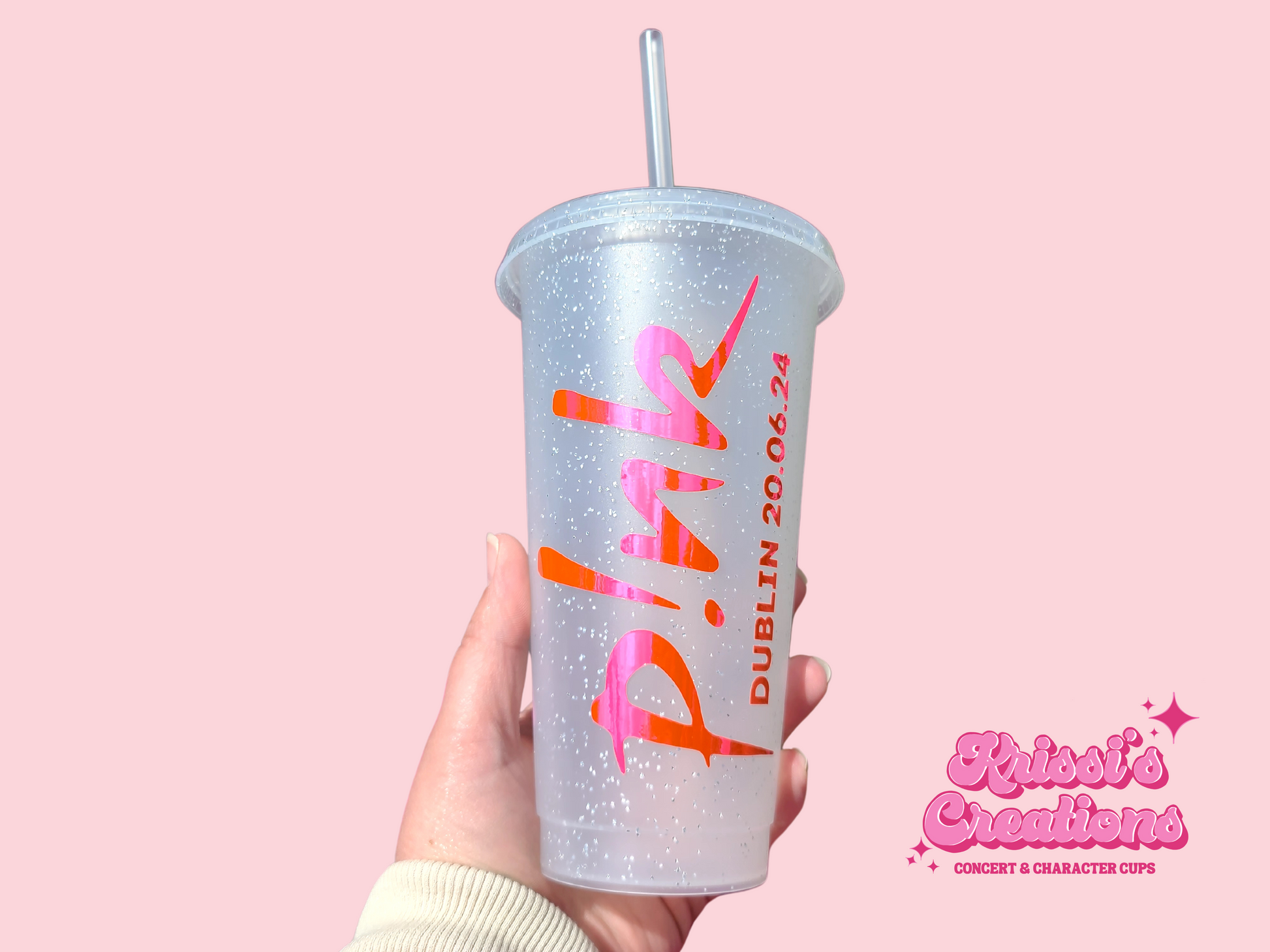 A frosted tumbler with a Pink P!nk Logo Concert Date. This is a 24oz cup which is perfect for fans of Pink. Made and sold by Krissi's Creations.