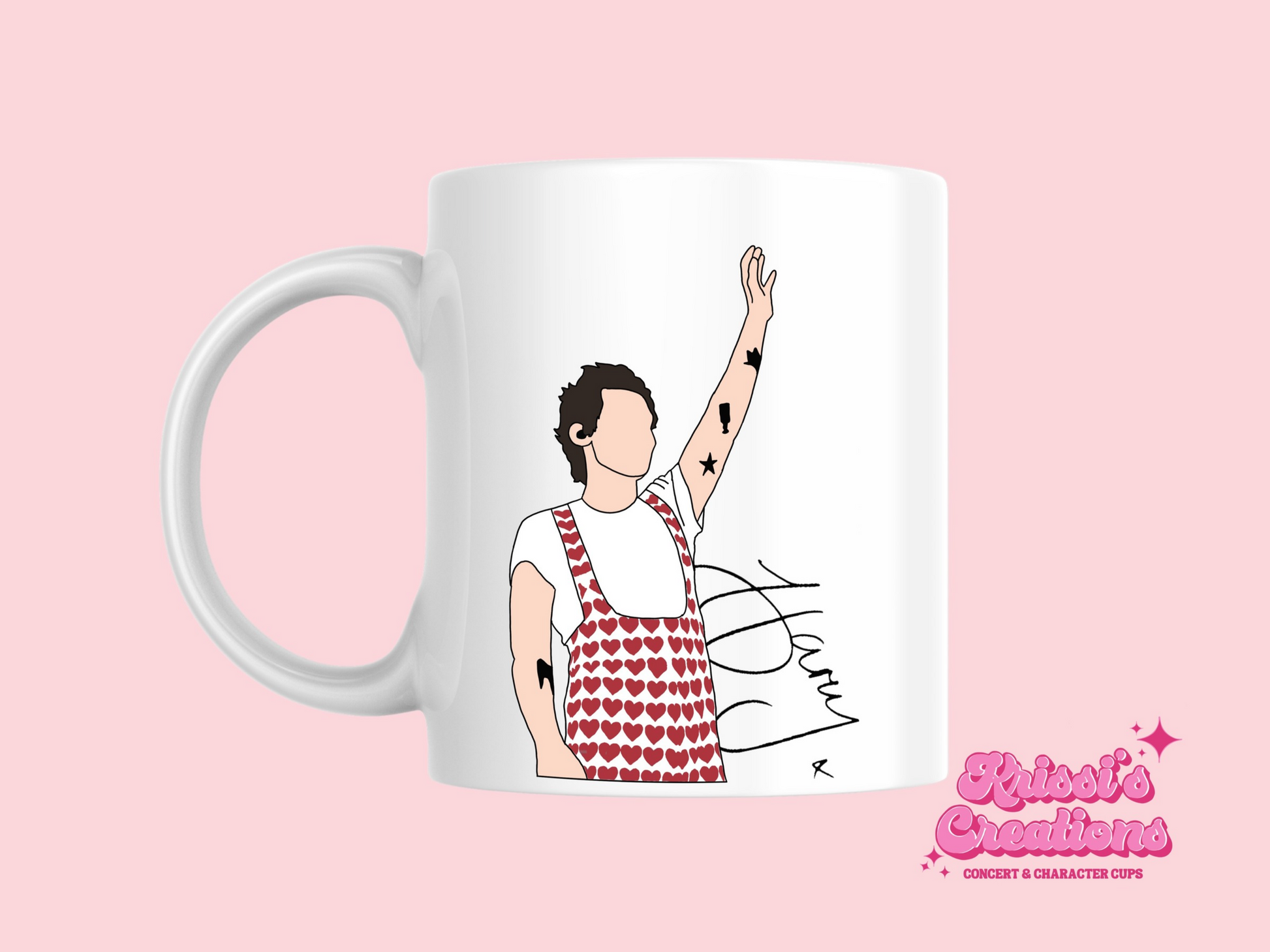 A white ceramic mug with a drawing of Harry Styles Wembley Love On Tour Outfit on the front. This is a 10oz mug which is perfect for fans of Harry Styles Love on Tour Concert. Made and sold by Krissi's Creations.