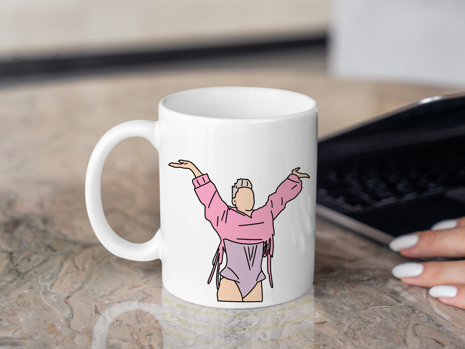 A white ceramic mug with a drawing of P!NK from her Summer Carnival 2024 on the front. This is a 10oz mug which is perfect for fans of Pink, particularly the Concert. Made and sold by Krissi's Creations.