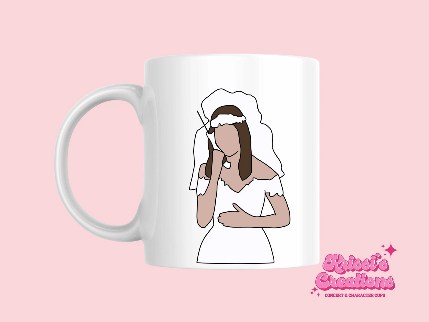 A white ceramic mug with a drawing of Rachel Green from Friends on the front. This is a 10oz mug which is perfect for fans of Friends, particularly the character Rachel. Made and sold by Krissi's Creations.