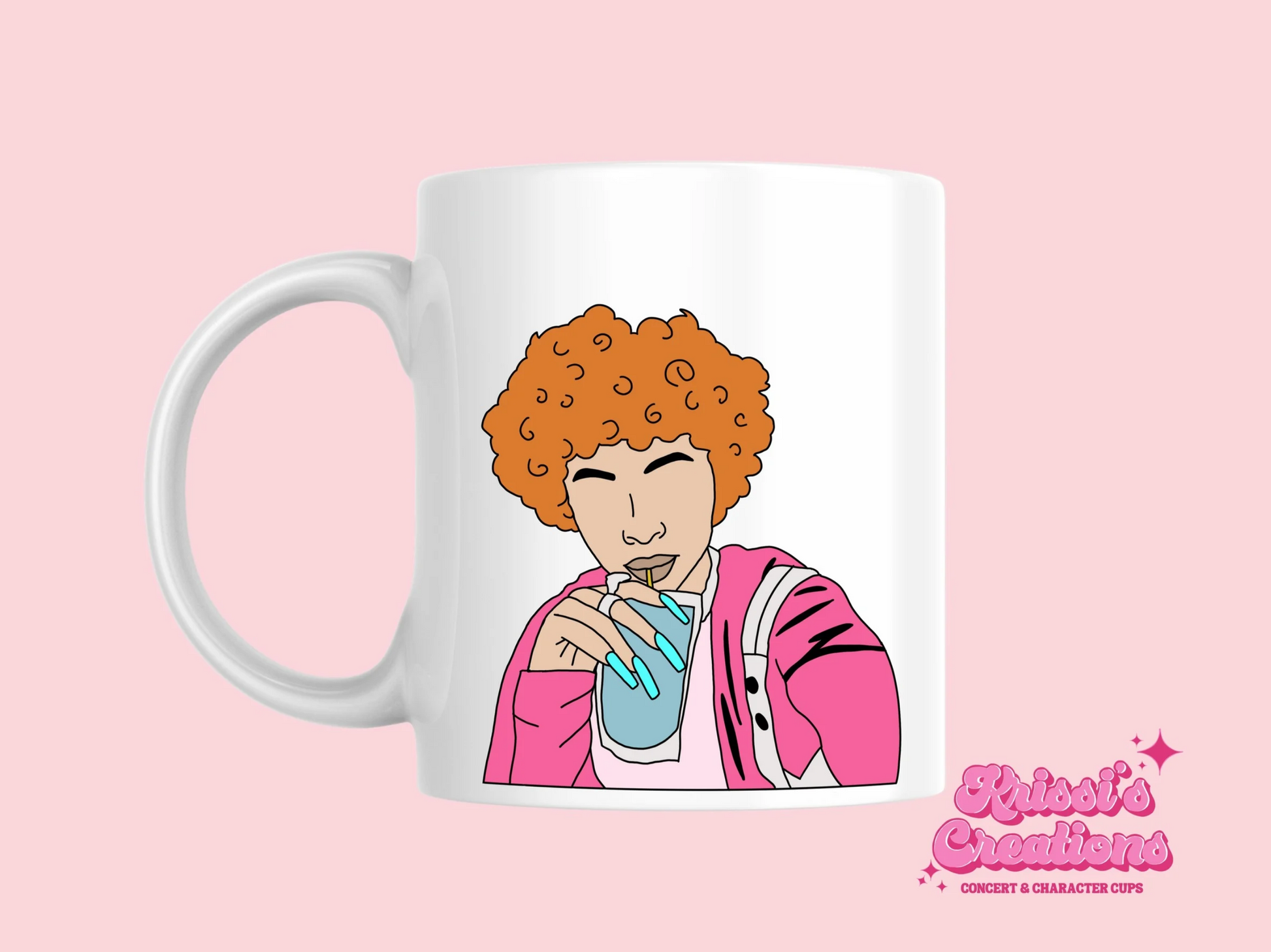 A white ceramic mug with a drawing of Ice Spice on the front. This is a 10oz mug which is perfect for fans of Ice Spice. Made and sold by Krissi's Creations.