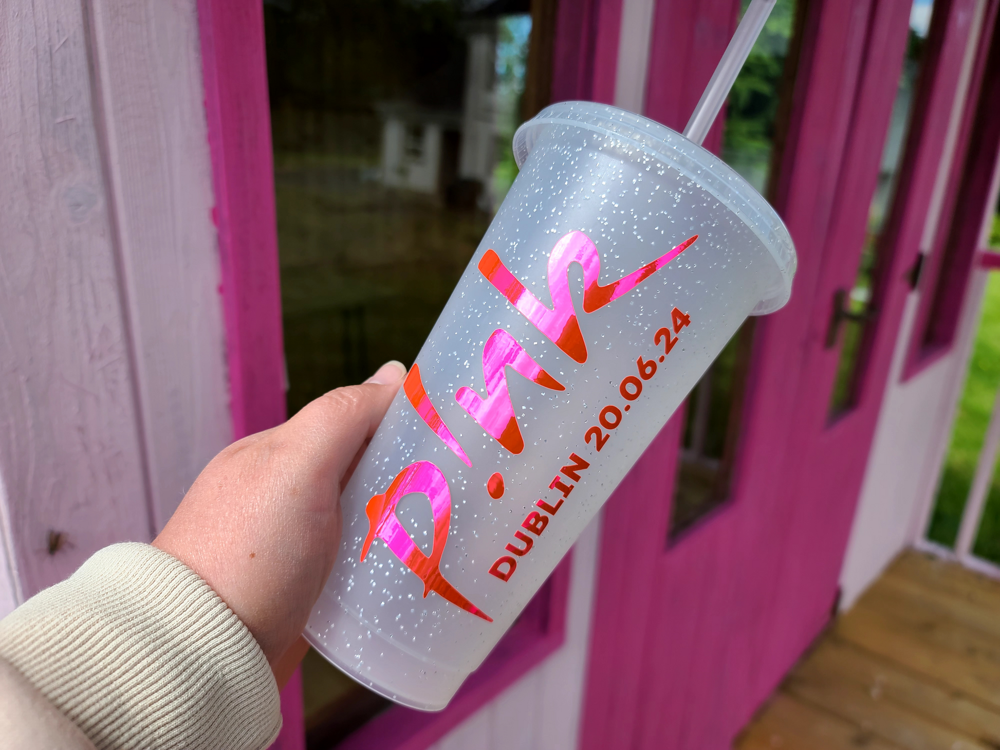 A frosted tumbler with a Pink P!nk Logo Concert Date. This is a 24oz cup which is perfect for fans of Pink. Made and sold by Krissi's Creations.