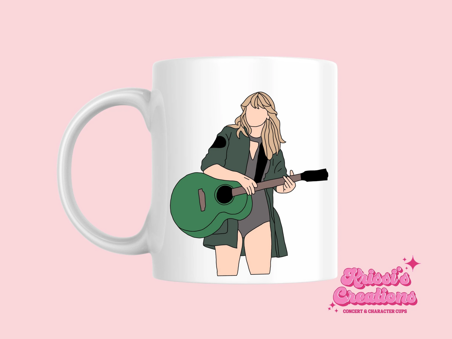 A white ceramic mug with a drawing of Taylor Swift from her Reputation Era on the front. This is a 10oz mug which is perfect for fans of Era's Tour, particularly the Reputation Album. Made and sold by Krissi's Creations.