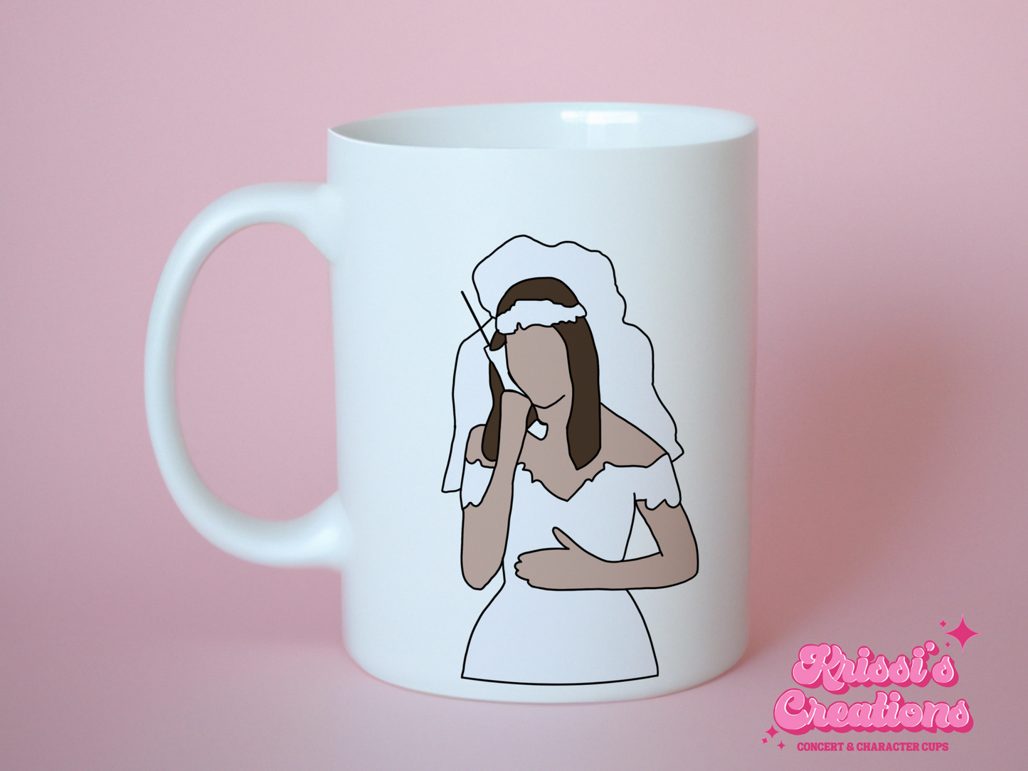 A white ceramic mug with a drawing of Rachel Green from Friends on the front. This is a 10oz mug which is perfect for fans of Friends, particularly the character Rachel. Made and sold by Krissi's Creations.