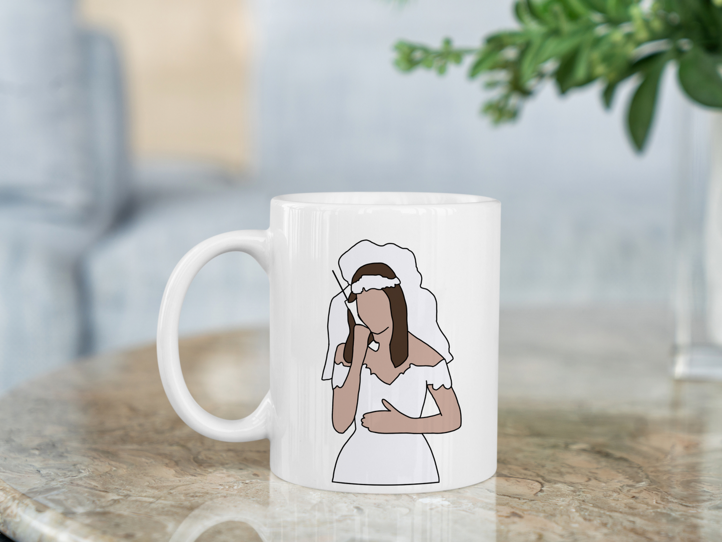 A white ceramic mug with a drawing of Rachel Green from Friends on the front. This is a 10oz mug which is perfect for fans of Friends, particularly the character Rachel. Made and sold by Krissi's Creations.