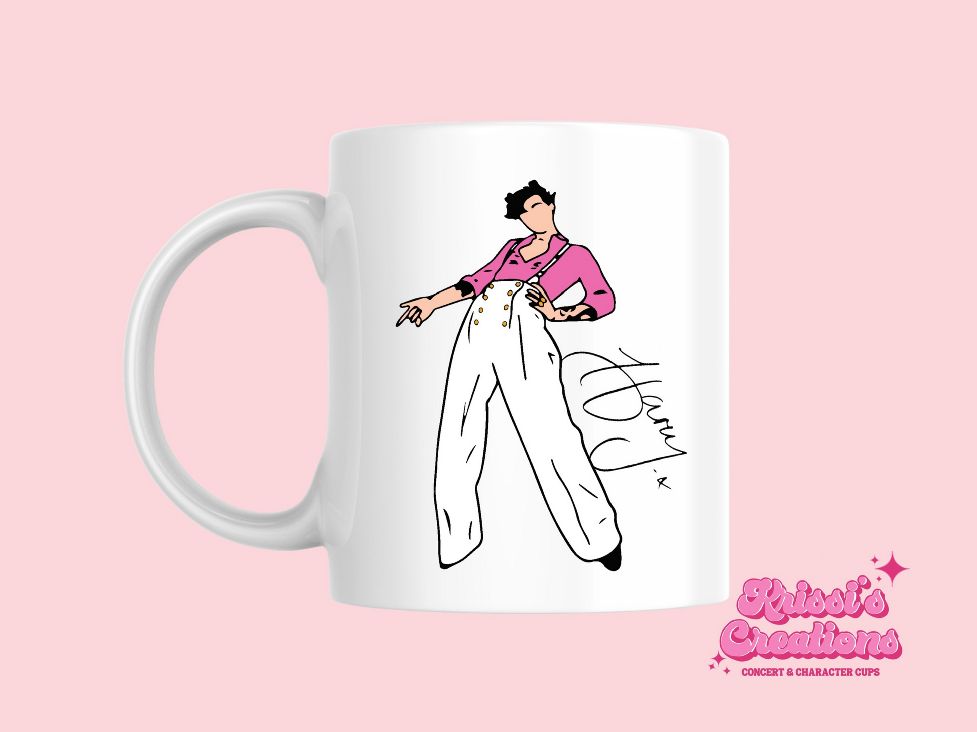 A white ceramic mug with a drawing of Harry Styles Watermelon Sugar Hqrrys House Outfit on the front. This is a 10oz mug which is perfect for fans of Harry Styles Love on Tour Concert. Made and sold by Krissi's Creations.