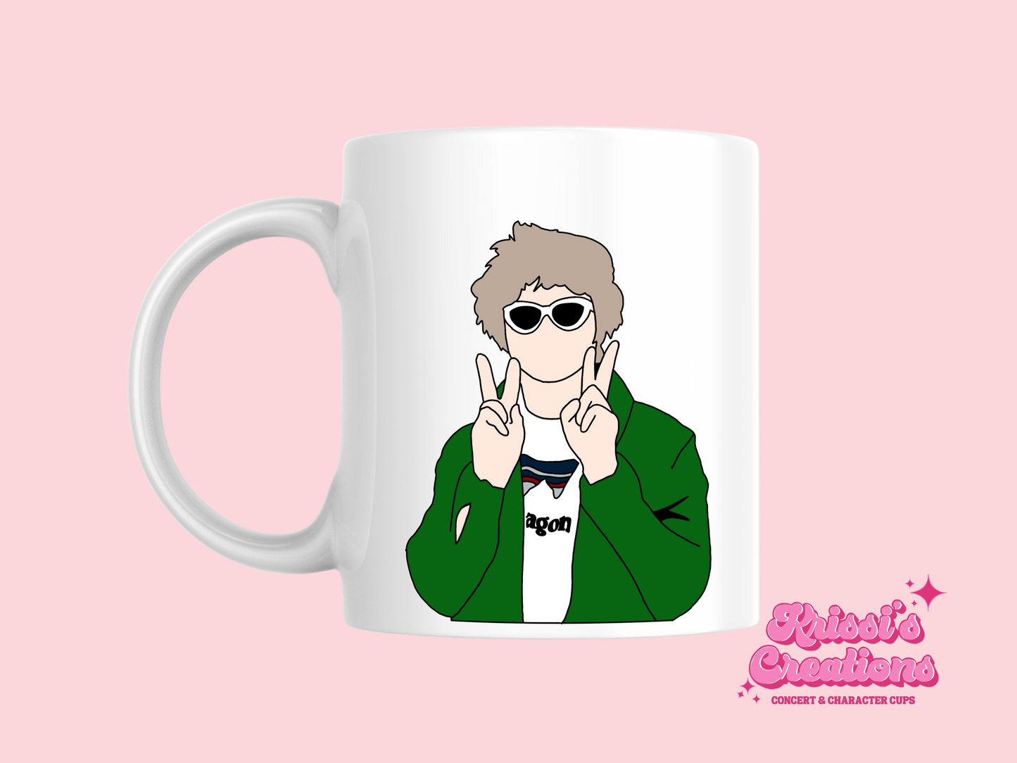 A white ceramic mug with a drawing of Lewis Capaldi on the front. This is a 10oz mug which is perfect for fans of Lewis Capaldi Concerts. Made and sold by Krissi's Creations.