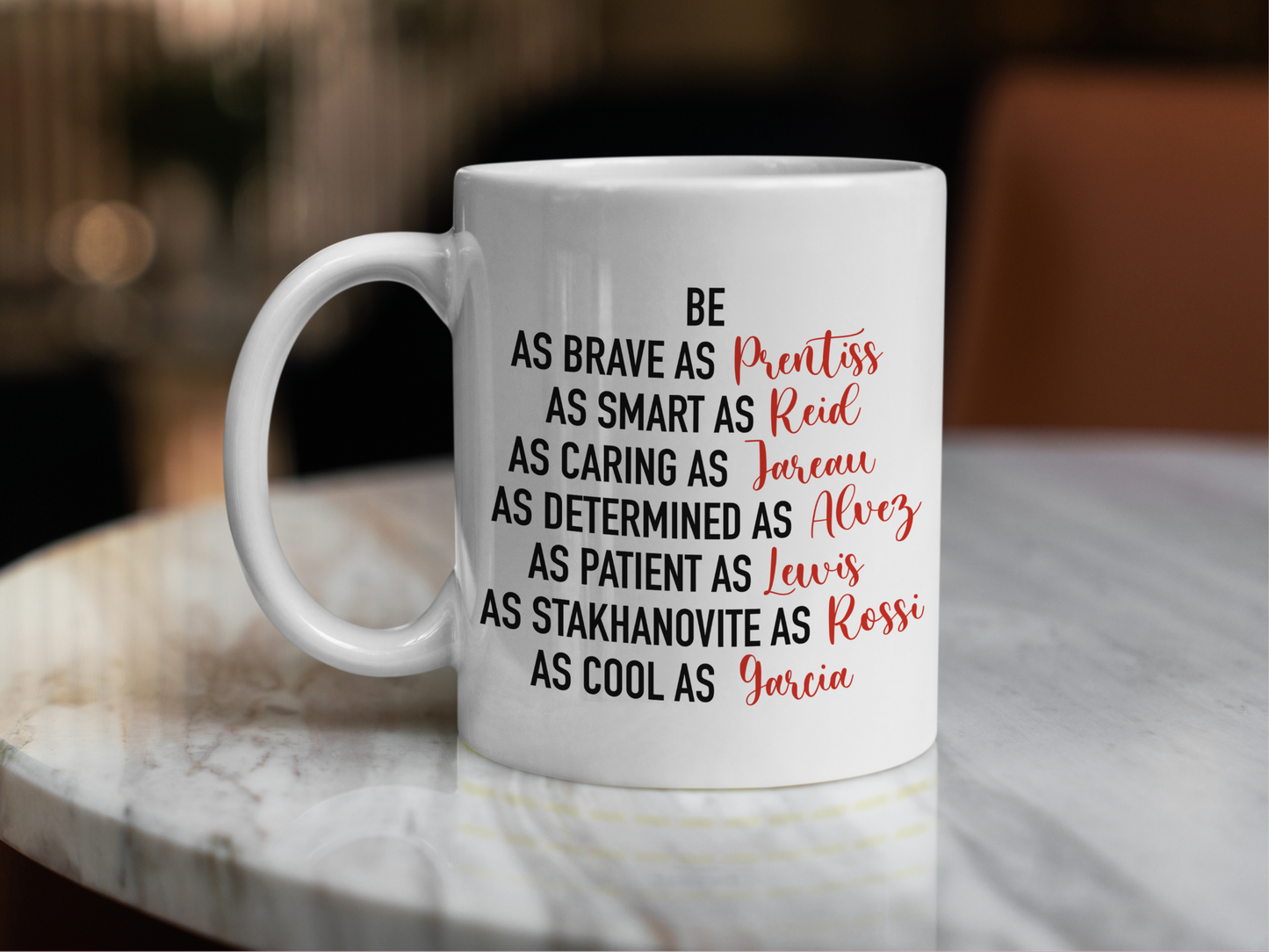 A white ceramic mug with the text about the Characters on Criminal Minds on the front. This is a 10oz mug which is perfect for fans of the series Criminal Minds. Made and sold by Krissi's Creations. 
Prentiss, Reid, Jareau, Alvez, Lewis, Rossi, Garcia.