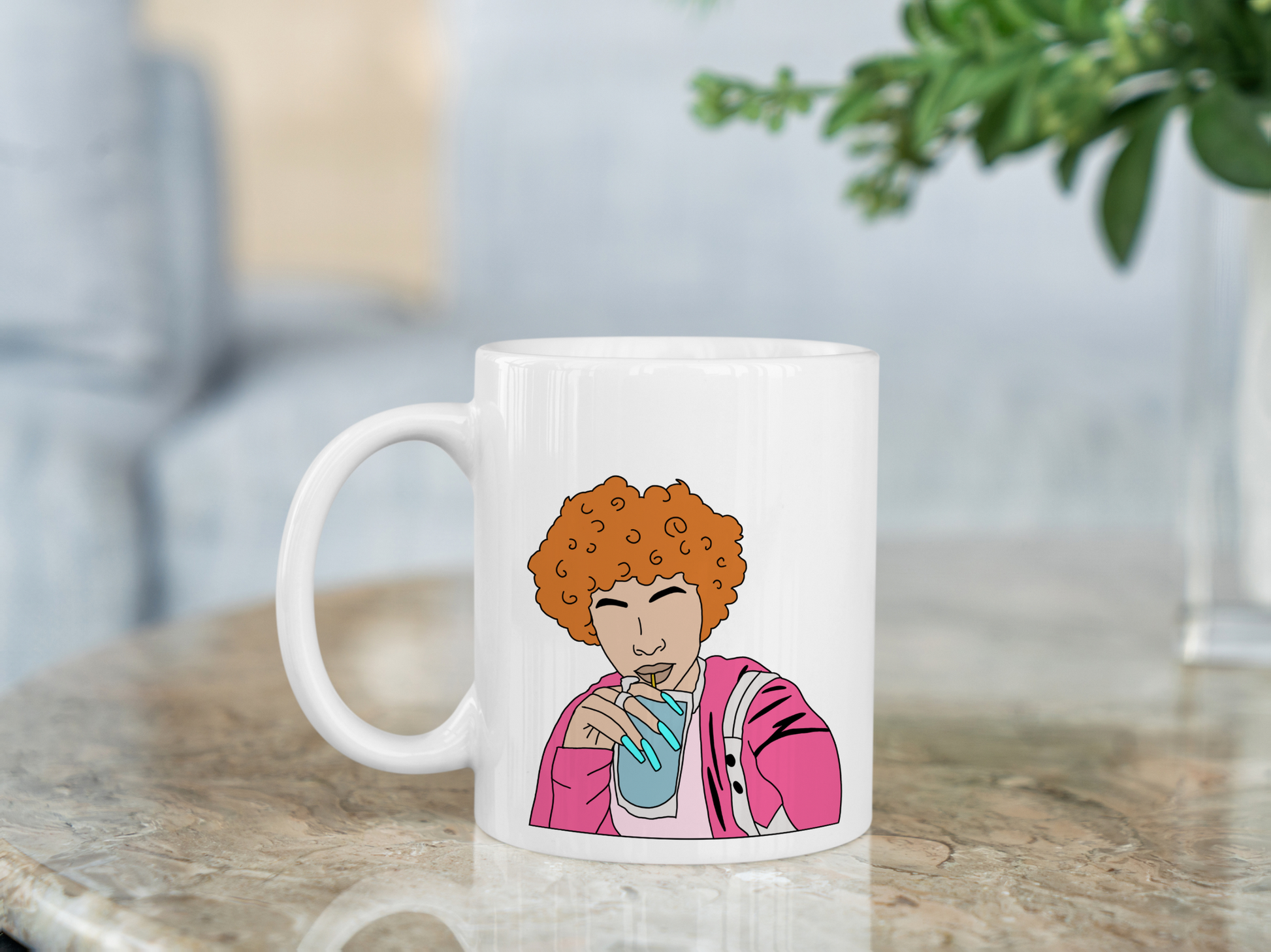 A white ceramic mug with a drawing of Ice Spice on the front. This is a 10oz mug which is perfect for fans of Ice Spice. Made and sold by Krissi's Creations.