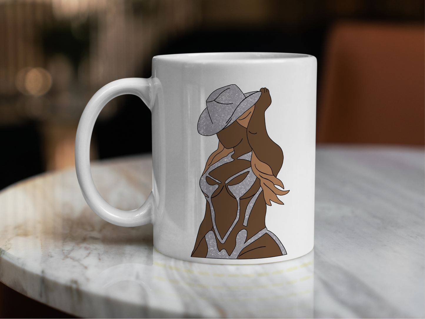 A white ceramic mug with a drawing of Beyonce on the front. This is a 10oz mug which is perfect for fans of Beyonce Renaissance Tour Concerts. Made and sold by Krissi's Creations.