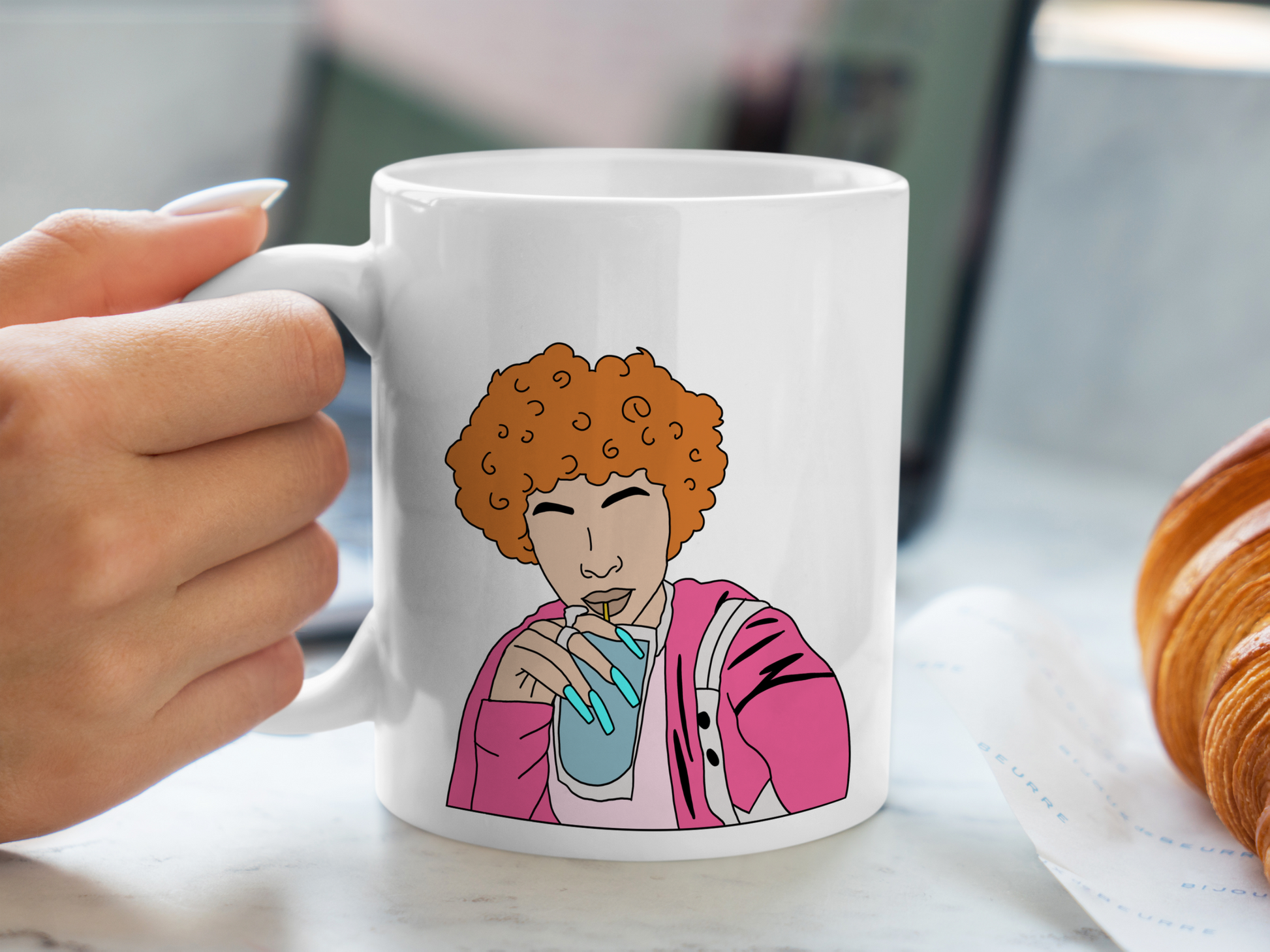 A white ceramic mug with a drawing of Ice Spice on the front. This is a 10oz mug which is perfect for fans of Ice Spice. Made and sold by Krissi's Creations.