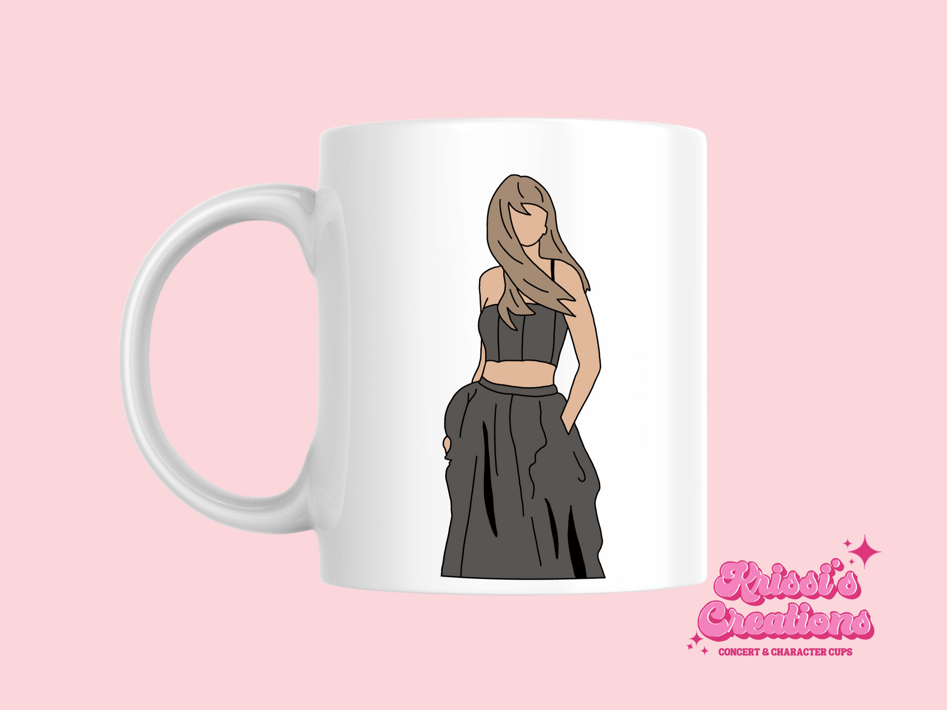 A white ceramic mug with a drawing of Taylor Swift from her Tortured Poets Department Era on the front. This is a 10oz mug which is perfect for fans of Era's Tour, particularly the TTPD Album. Made and sold by Krissi's Creations.