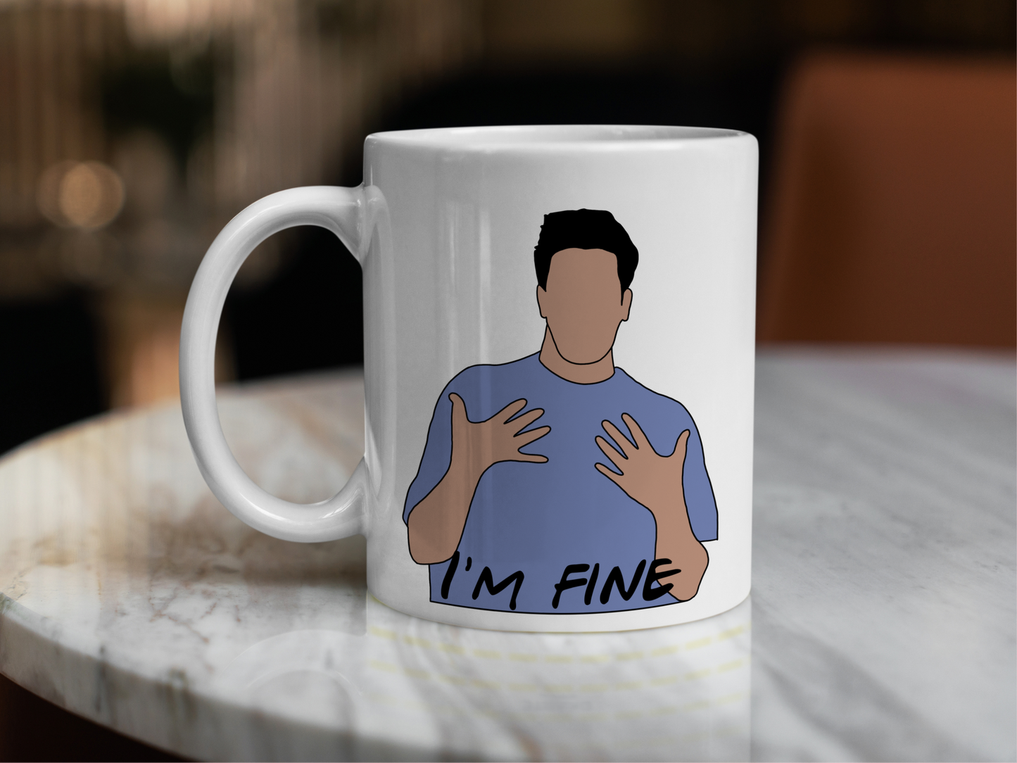 A white ceramic mug with a drawing of Ross Gellar from Friends on the front. This is a 10oz mug which is perfect for fans of Friends, particularly the character Ross. Made and sold by Krissi's Creations.