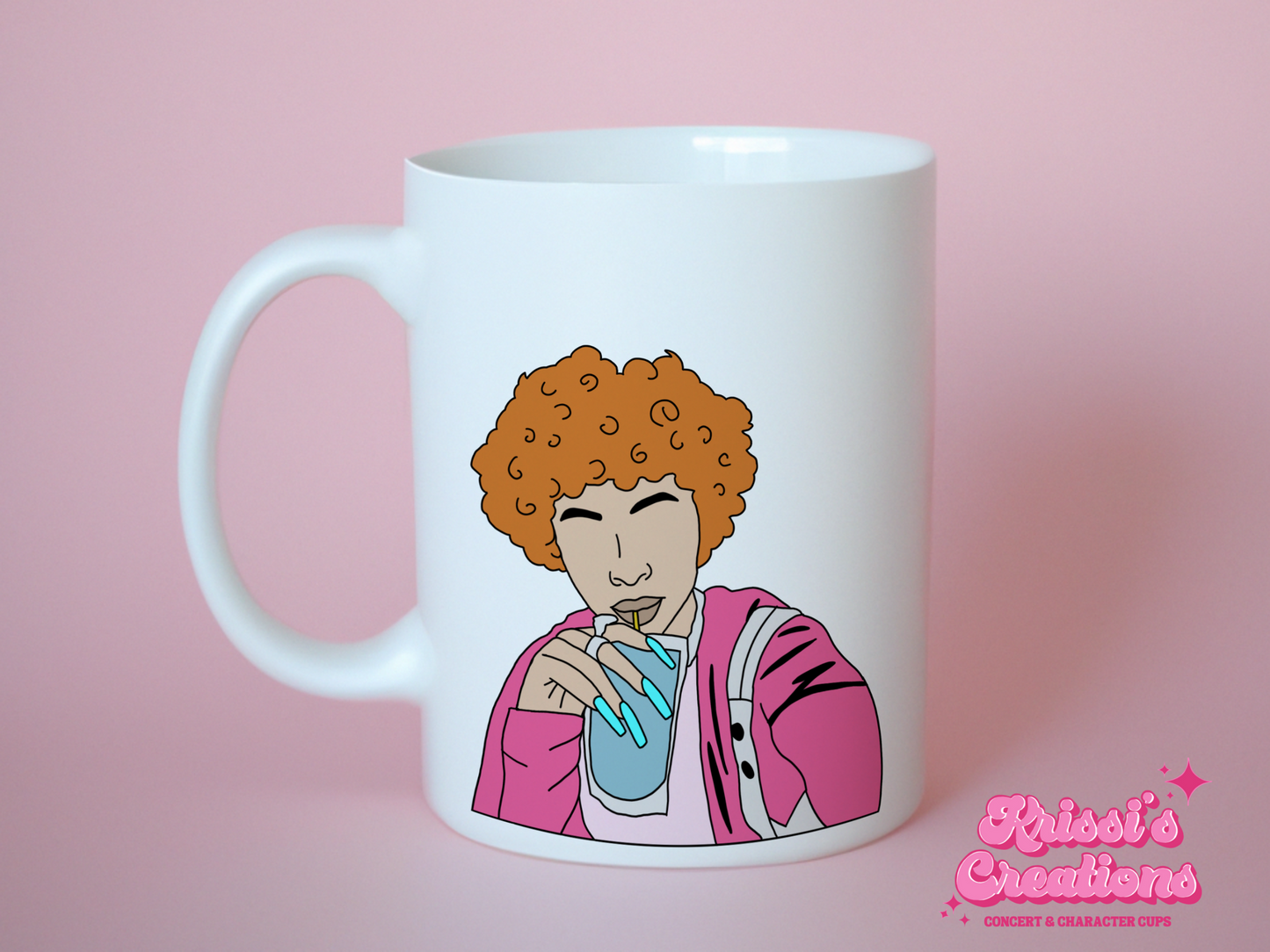 A white ceramic mug with a drawing of Ice Spice on the front. This is a 10oz mug which is perfect for fans of Ice Spice. Made and sold by Krissi's Creations.