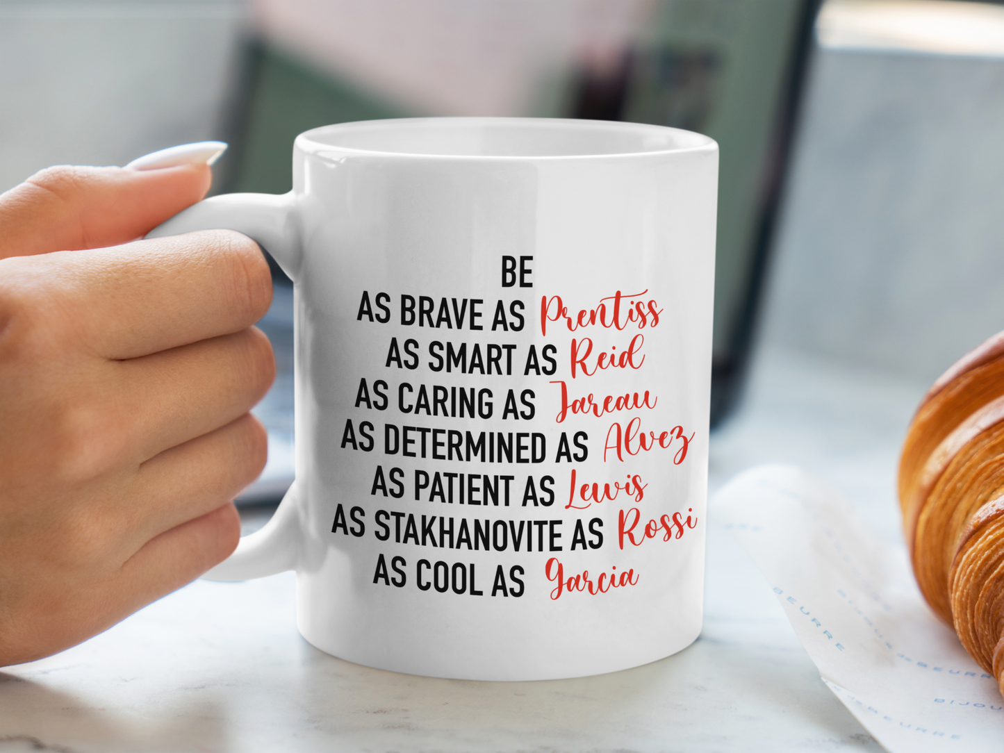 A white ceramic mug with the text about the Characters on Criminal Minds on the front. This is a 10oz mug which is perfect for fans of the series Criminal Minds. Made and sold by Krissi's Creations. 
Prentiss, Reid, Jareau, Alvez, Lewis, Rossi, Garcia.