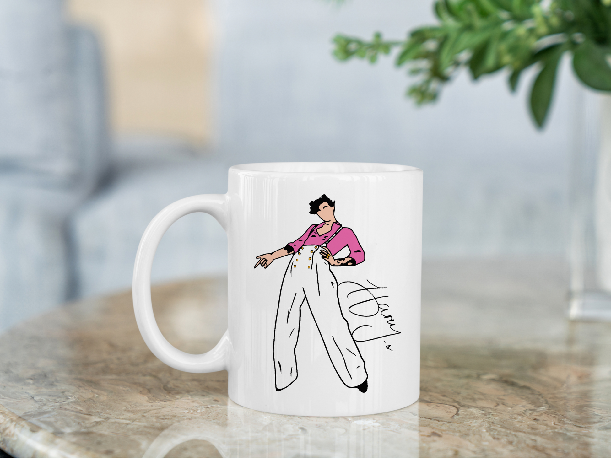 A white ceramic mug with a drawing of Harry Styles Watermelon Sugar Hqrrys House Outfit on the front. This is a 10oz mug which is perfect for fans of Harry Styles Love on Tour Concert. Made and sold by Krissi's Creations.