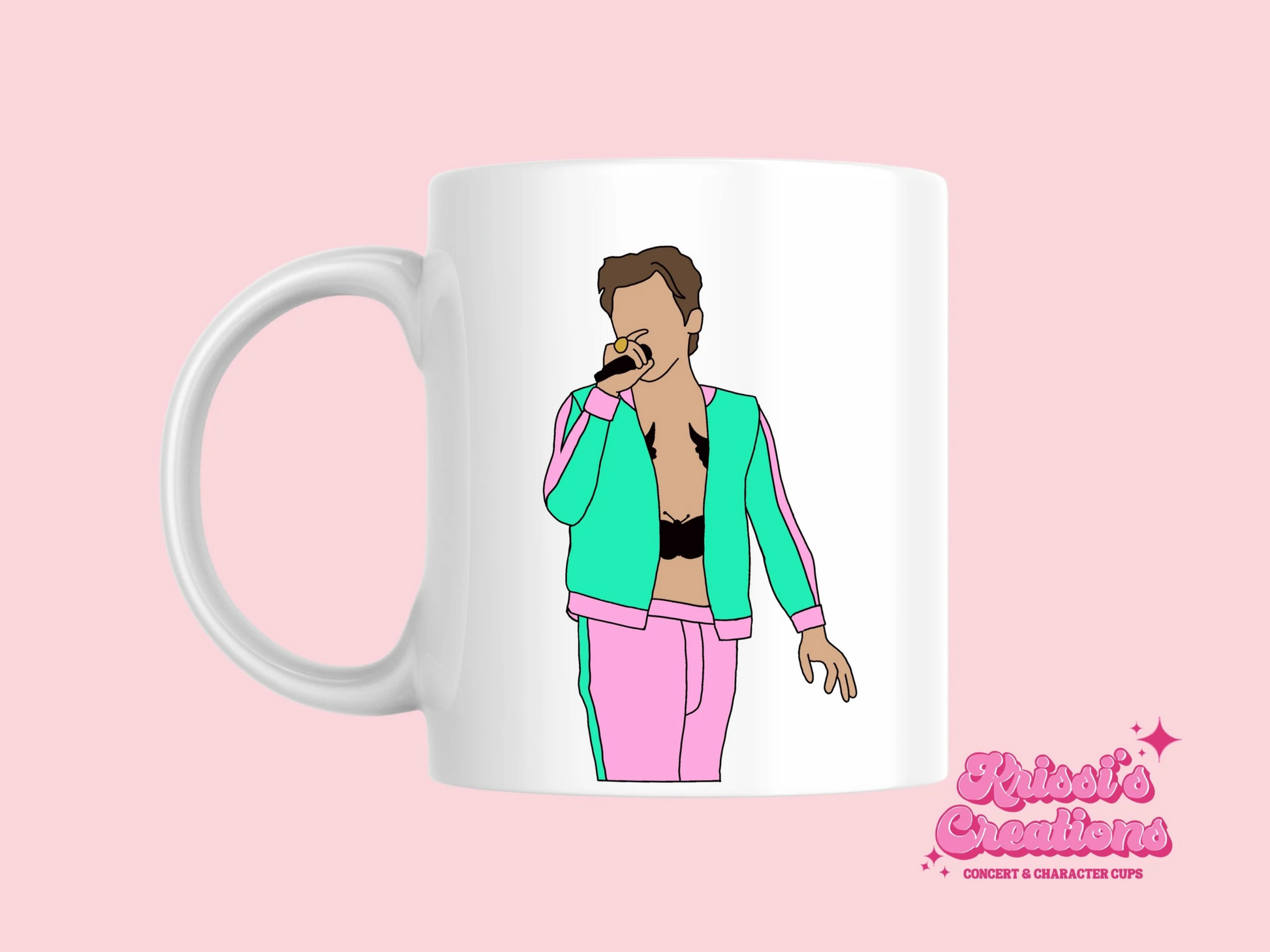 A white ceramic mug with a drawing of Harry Styles Coventry Night 2 Love On Tour Outfit on the front. This is a 10oz mug which is perfect for fans of Harry Styles Love on Tour Concert. Made and sold by Krissi's Creations.