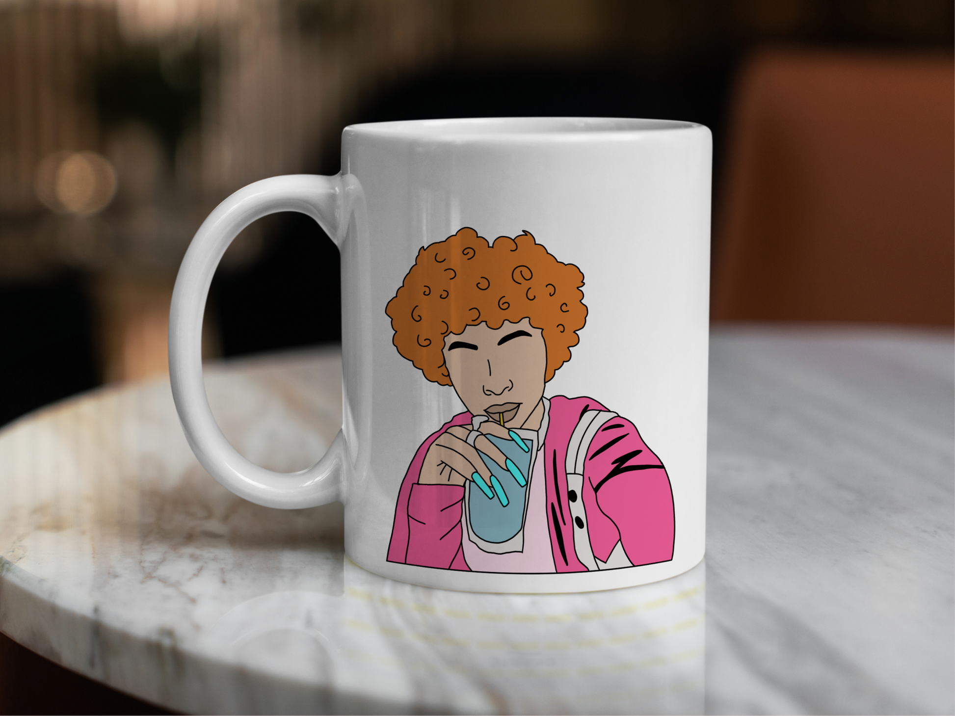 A white ceramic mug with a drawing of Ice Spice on the front. This is a 10oz mug which is perfect for fans of Ice Spice. Made and sold by Krissi's Creations.