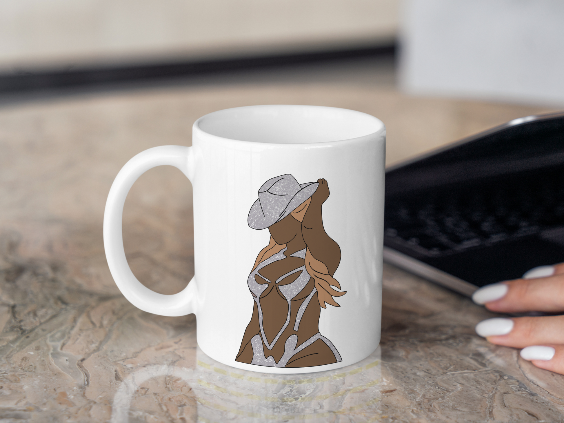 A white ceramic mug with a drawing of Beyonce on the front. This is a 10oz mug which is perfect for fans of Beyonce Renaissance Tour Concerts. Made and sold by Krissi's Creations.