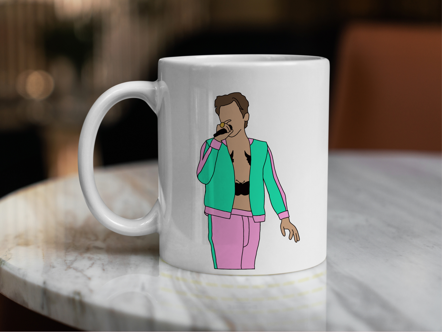 A white ceramic mug with a drawing of Harry Styles Coventry Night 2 Love On Tour Outfit on the front. This is a 10oz mug which is perfect for fans of Harry Styles Love on Tour Concert. Made and sold by Krissi's Creations.